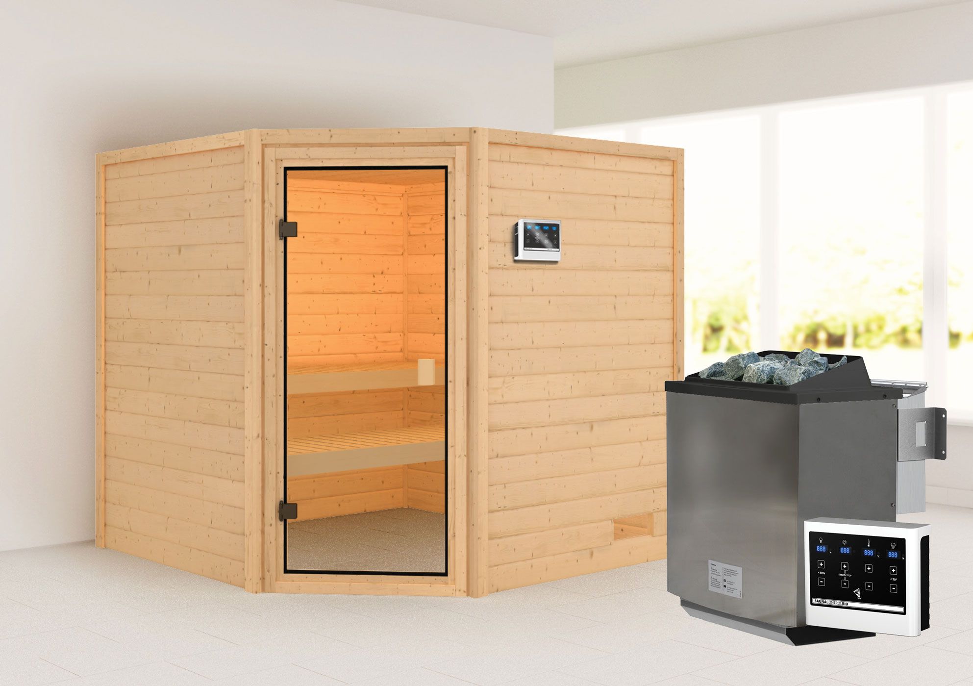 Sauna "Morten" SET mit bronzierter Tür - Farbe: Natur, Ofen BIO 9 kW - 195 x 195 x 187 cm (B x T x H)