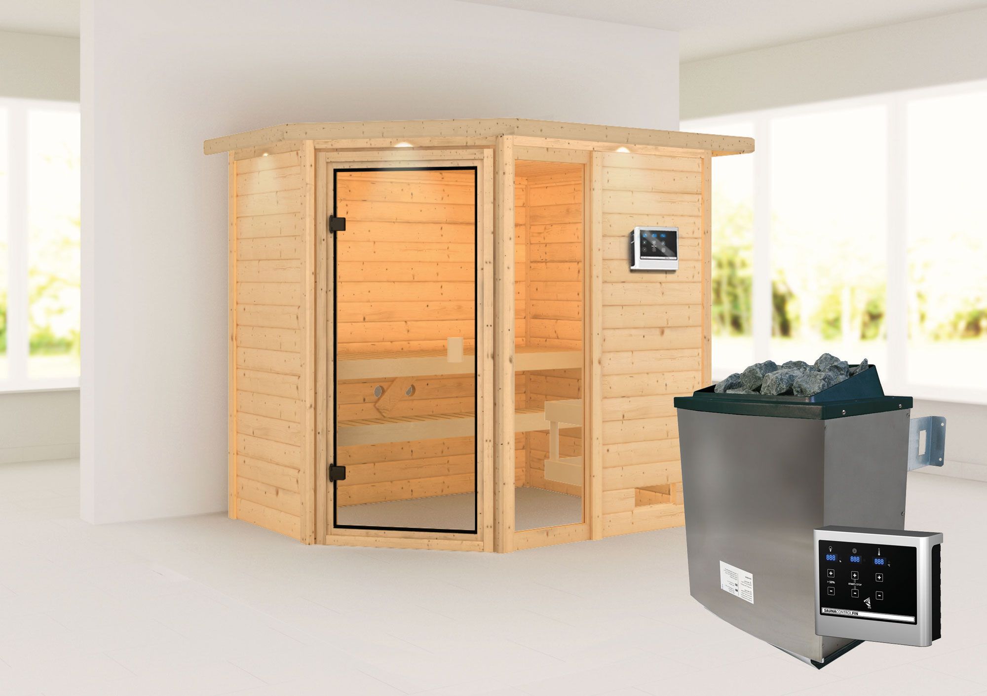 Sauna "Birger" SET mit bronzierter Tür und Kranz - Farbe: Natur, Ofen externe Steuerung easy 9 kW - 224 x 160 x 191 cm (B x T x H)
