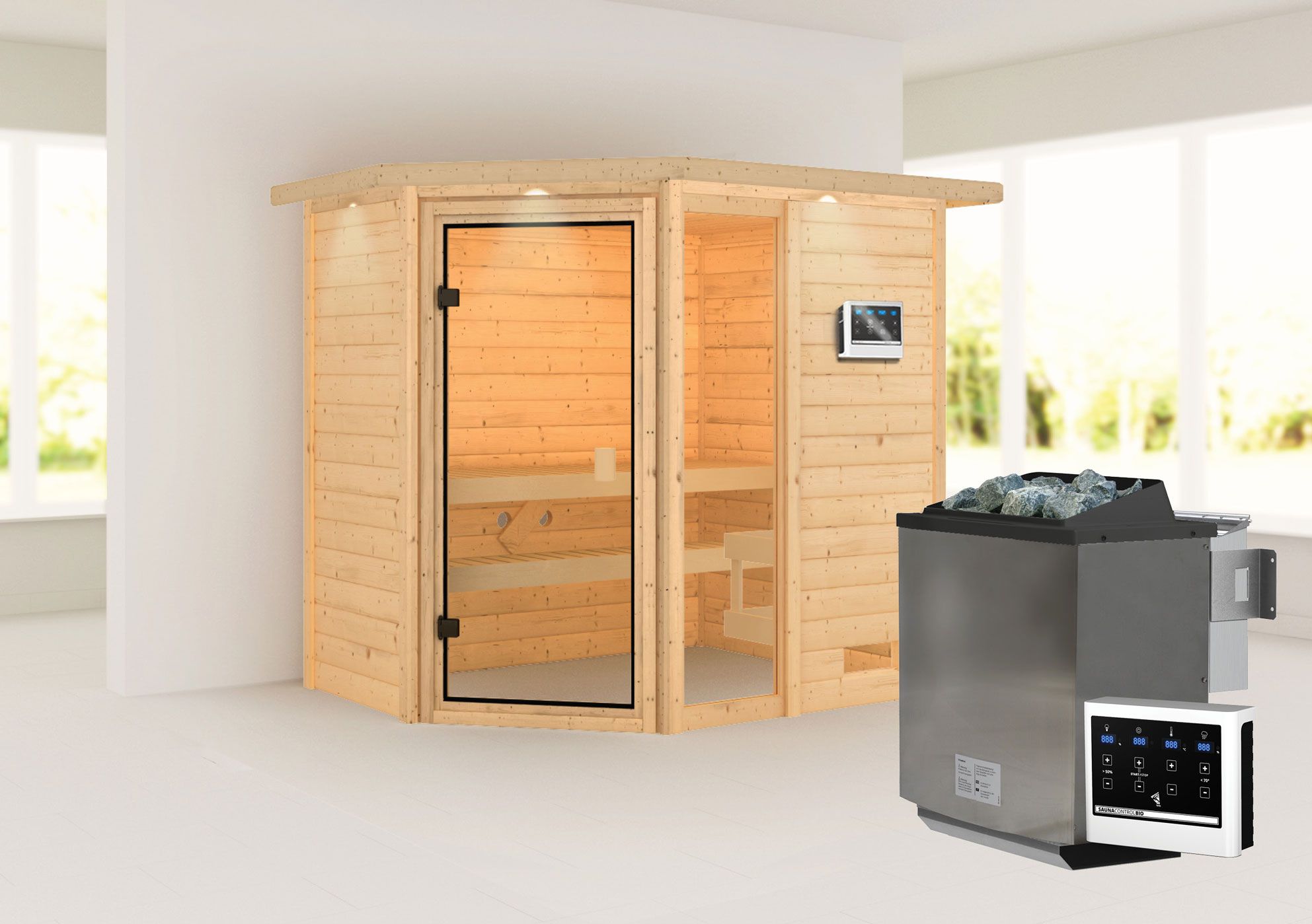 Sauna "Birger" SET mit bronzierter Tür und Kranz - Farbe: Natur, Ofen BIO 9 kW - 224 x 160 x 191 cm (B x T x H)
