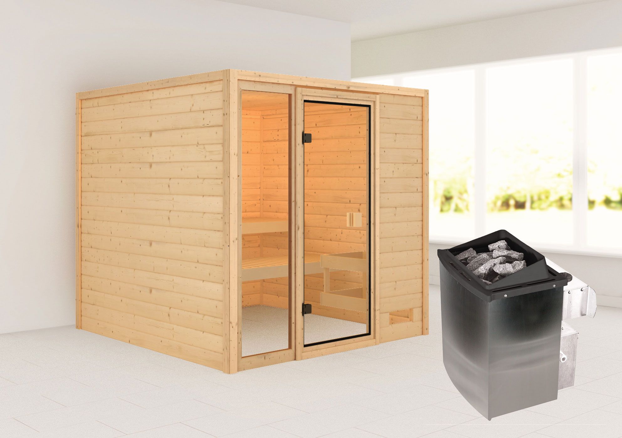 Sauna "Emmik" SET mit bronzierter Tür - Farbe: Natur, Ofen 9 kW - 196 x 196 x 187 cm (B x T x H)