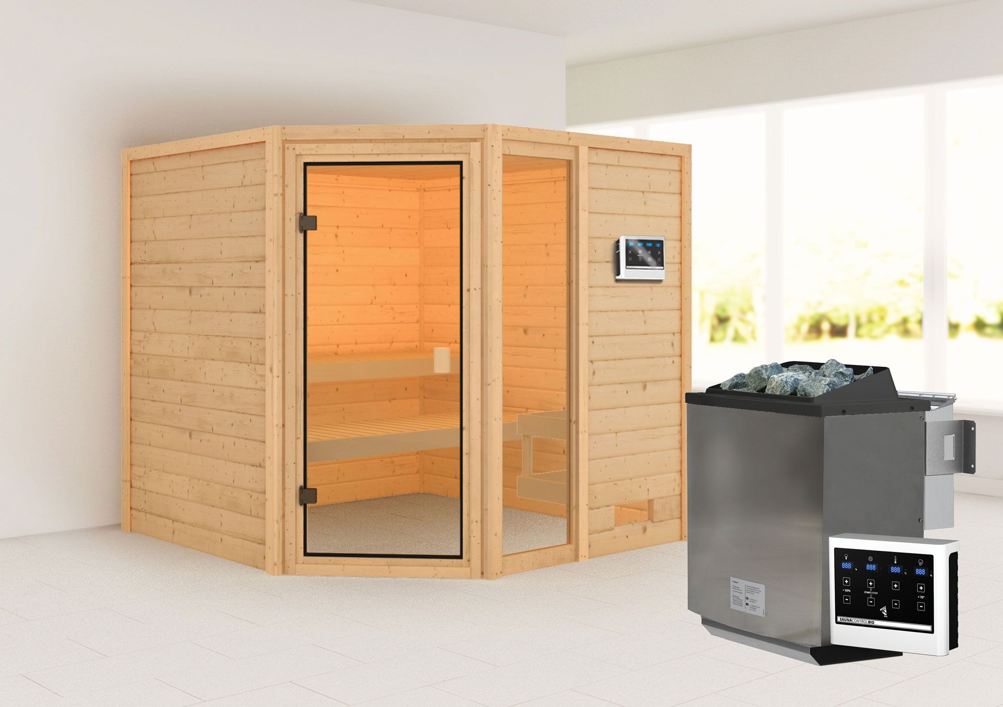 Sauna "Gunvald" SET mit bronzierter Tür - Farbe: Natur, Ofen BIO 9 kW - 196 x 196 x 187 cm (B x T x H)