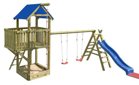 Spielturm K27 inkl. Balkon, Sandkasten, Wellenrutsche und Doppelschaukel - Abmessungen: 550 x 515 cm (L x B)