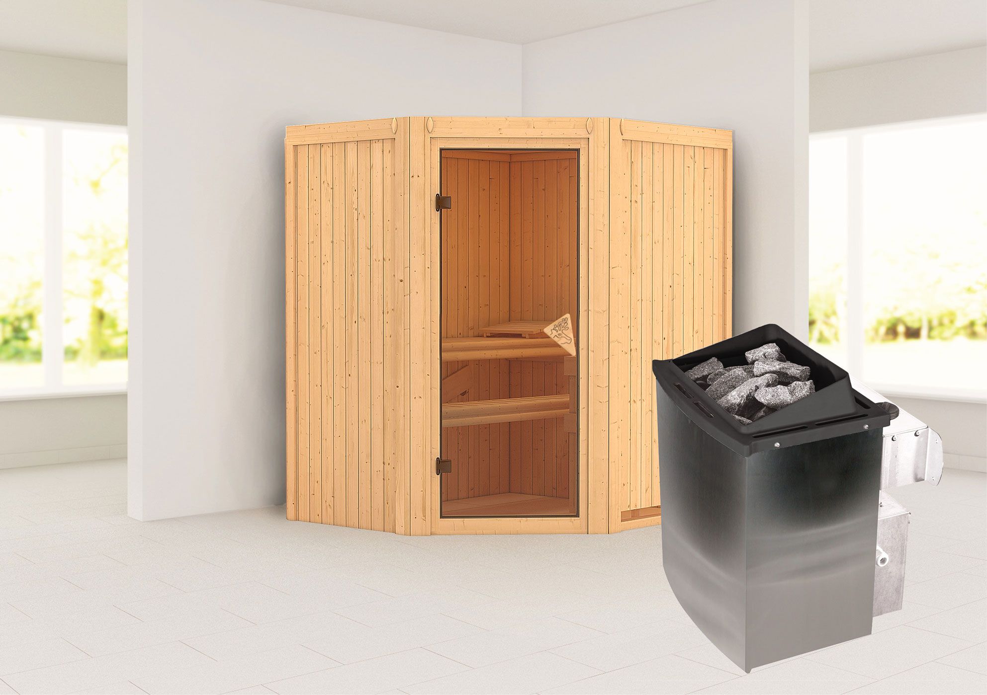 Sauna "Leevi" SET mit bronzierter Tür - Farbe: Natur, Ofen 9 kW - 170 x 151 x 198 cm (B x T x H)