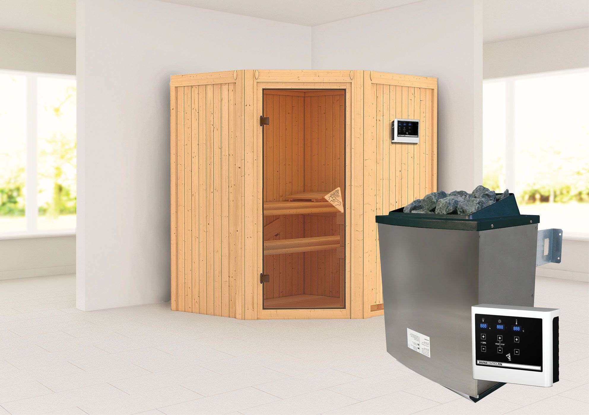 Sauna "Leevi" SET mit bronzierter Tür - Farbe: Natur, Ofen externe Steuerung easy 9 kW - 170 x 151 x 198 cm (B x T x H)