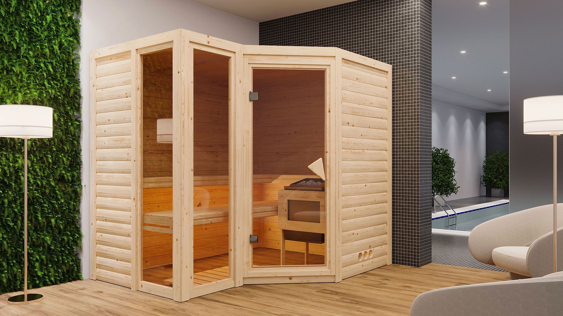Sauna "Solveig" SET mit bronzierter Tür - Farbe: Natur, Ofen 9 kW - 236 x 184 x 209 cm (B x T x H)