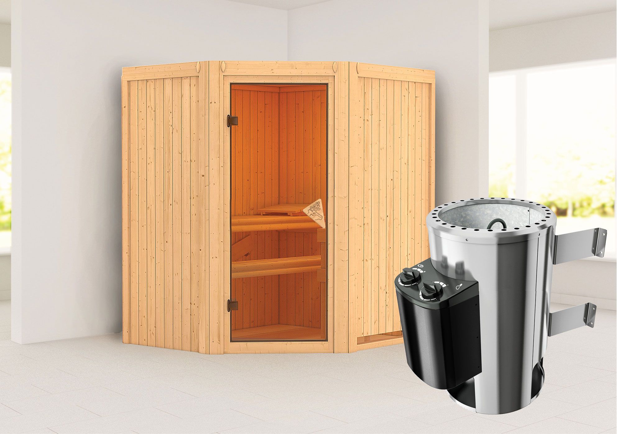 Sauna "Kjell" SET mit bronzierter Tür - Farbe: Natur, Ofen 3,6 kW - 170 x 151 x 198 cm (B x T x H)