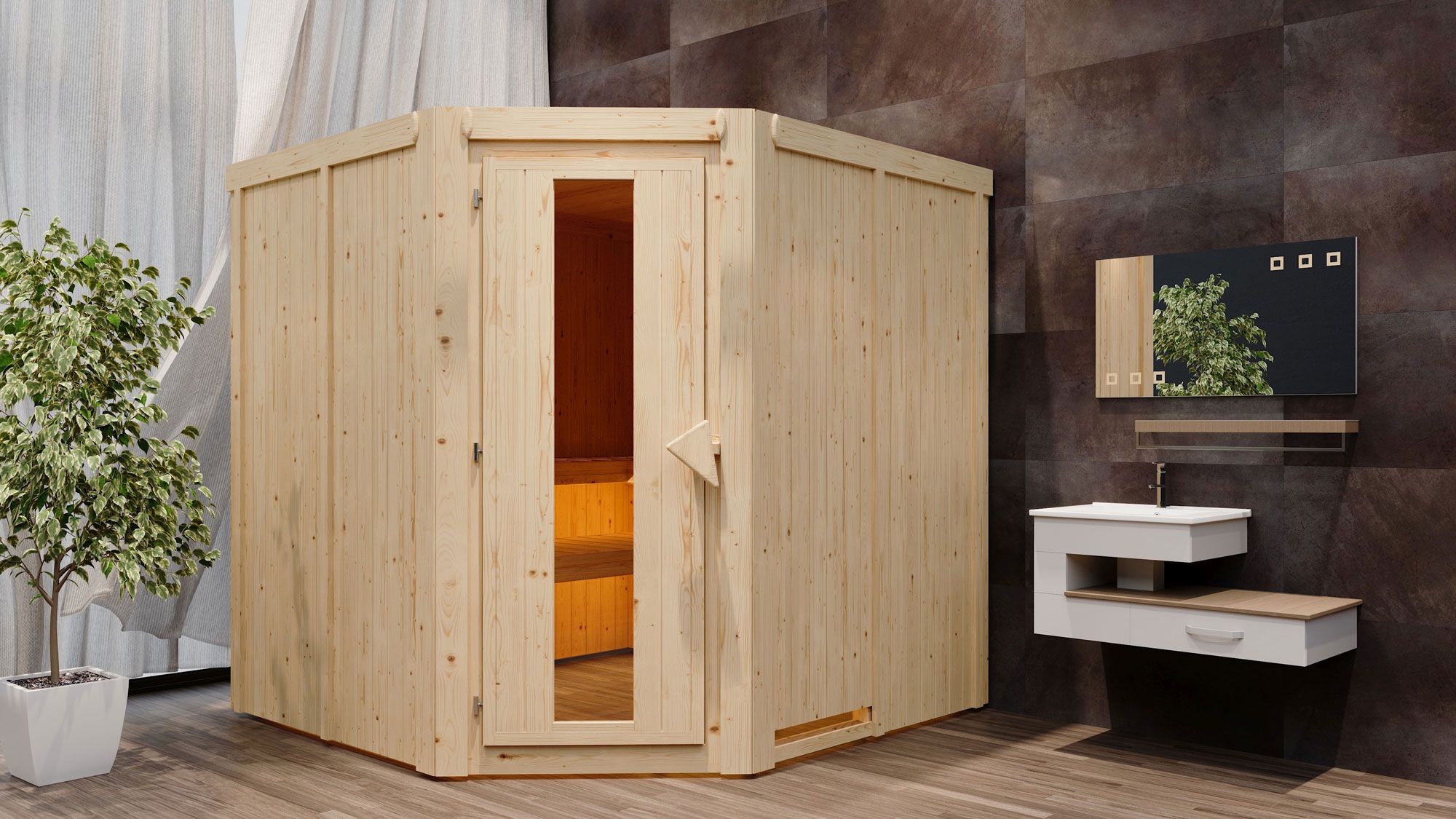 Sauna "Nooa" SET mit Energiespartür - Farbe: Natur, Ofen BIO 9 kW - 196 x 196 x 198 cm (B x T x H)