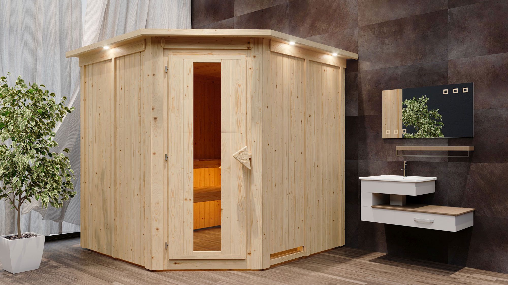 Sauna "Nooa" SET mit Kranz und Energiespartür - Farbe: Natur, Ofen externe Steuerung easy 9 kW - 210 x 210 x 202 cm (B x T x H)