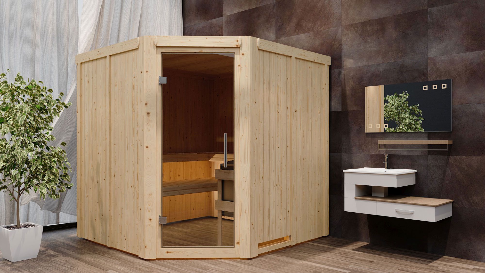 Sauna "Nooa" SET mit graphitfarbener Tür - Farbe: Natur, Ofen externe Steuerung easy 9 kW - 196 x 196 x 198 cm (B x T x H)