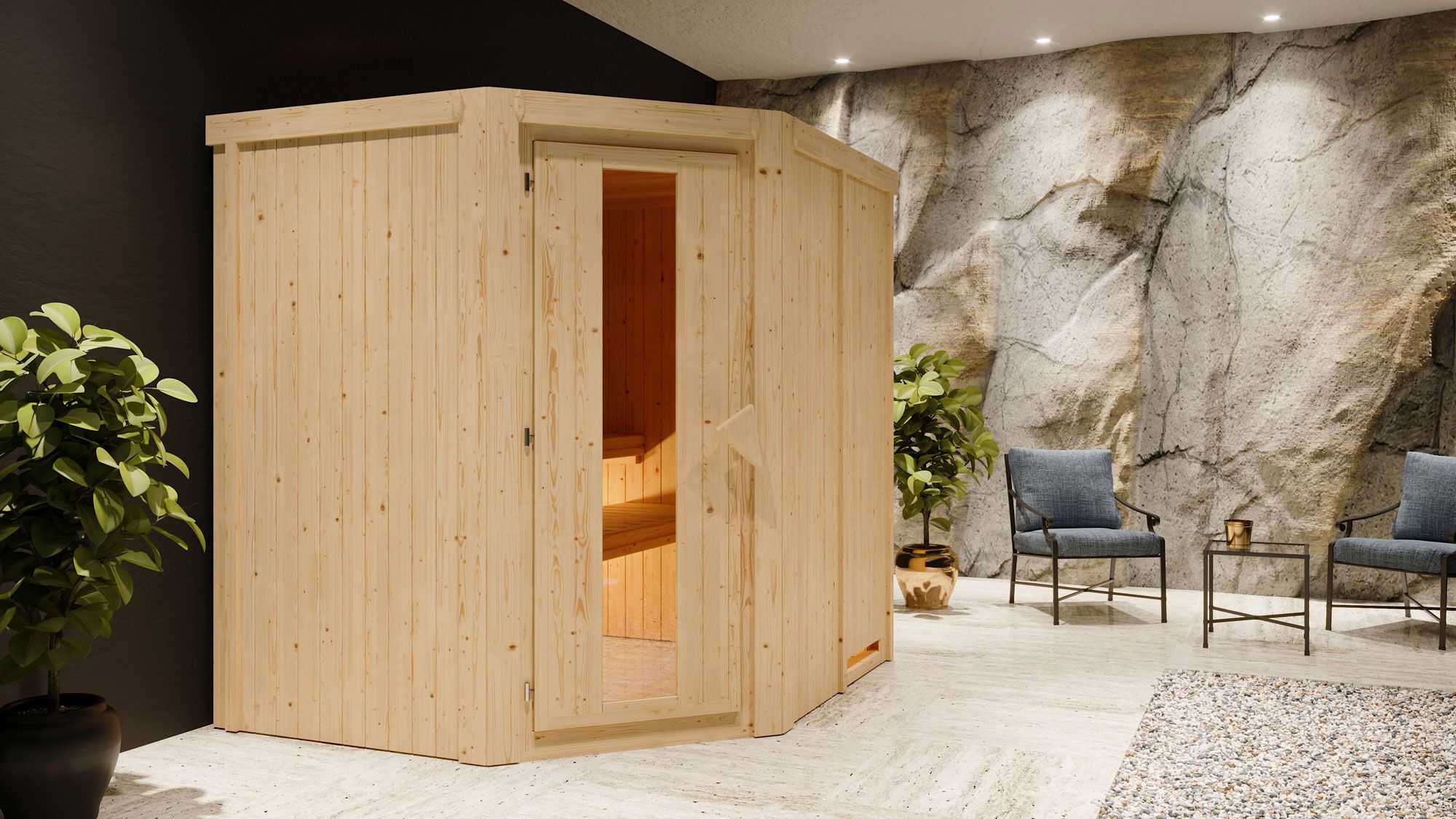 Sauna "Hanko" SET mit Energiespartür - Farbe: Natur, Ofen 9 kW - 196 x 170 x 198 cm (B x T x H)