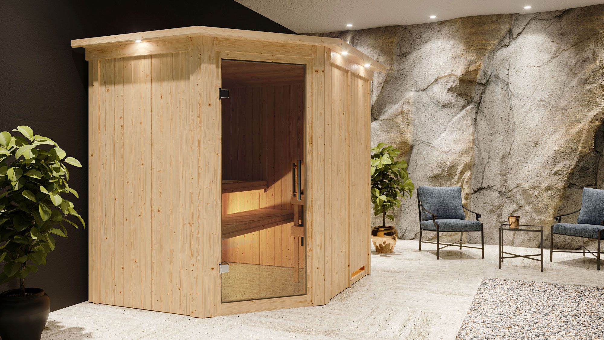 Sauna "Hanko" SET AKTION mit Kranz und graphitfarbener Tür - Farbe: Natur, Ofen 9 kW - 210 x 184 x 202 cm (B x T x H)