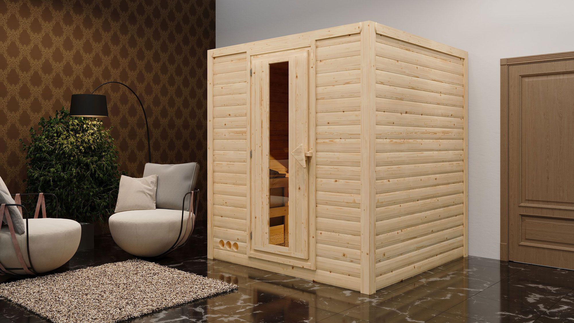 Sauna "Jonna" SET mit Energiespartür - Farbe: Natur, Ofen externe Steuerung easy 9 kW - 196 x 196 x 200 cm (B x T x H)