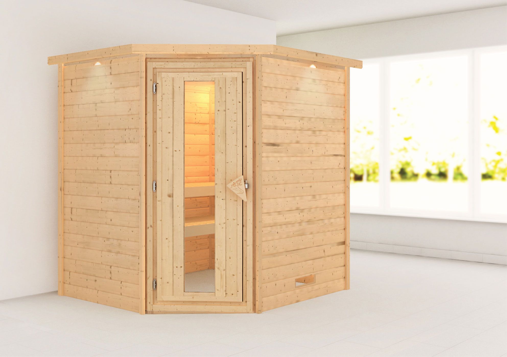 Sauna "Kirsa" mit Kranz und Energiespartür - Farbe: Natur - 224 x 184 x 202 cm (B x T x H)