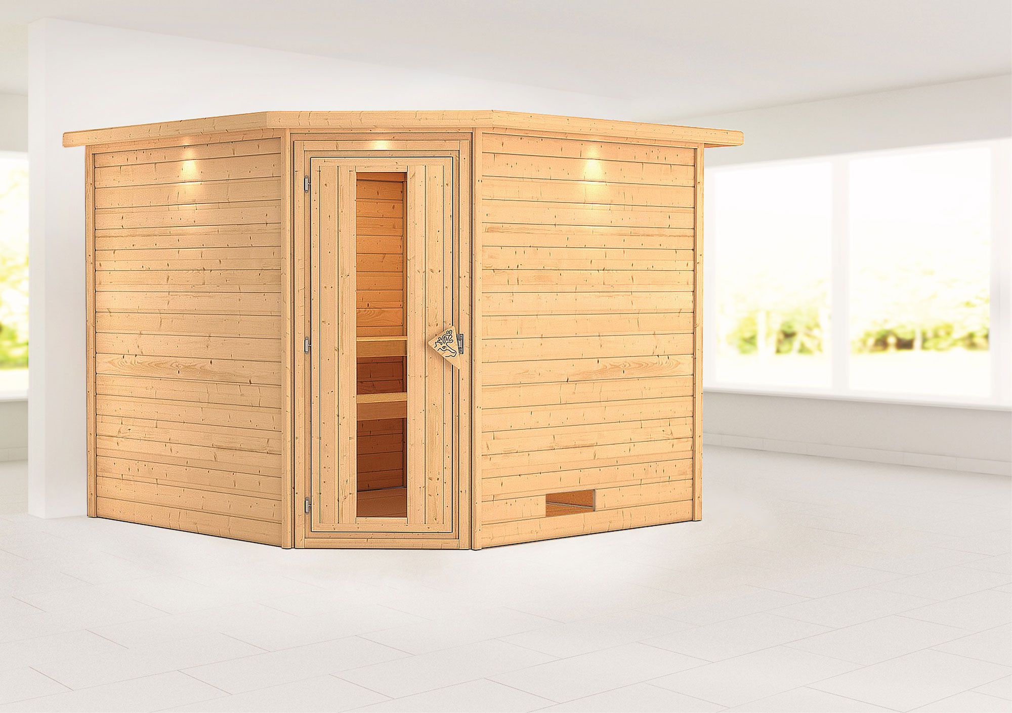 Sauna "Anesa" mit Kranz und Energiespartür - Farbe: Natur - 259 x 245 x 202 cm (B x T x H)