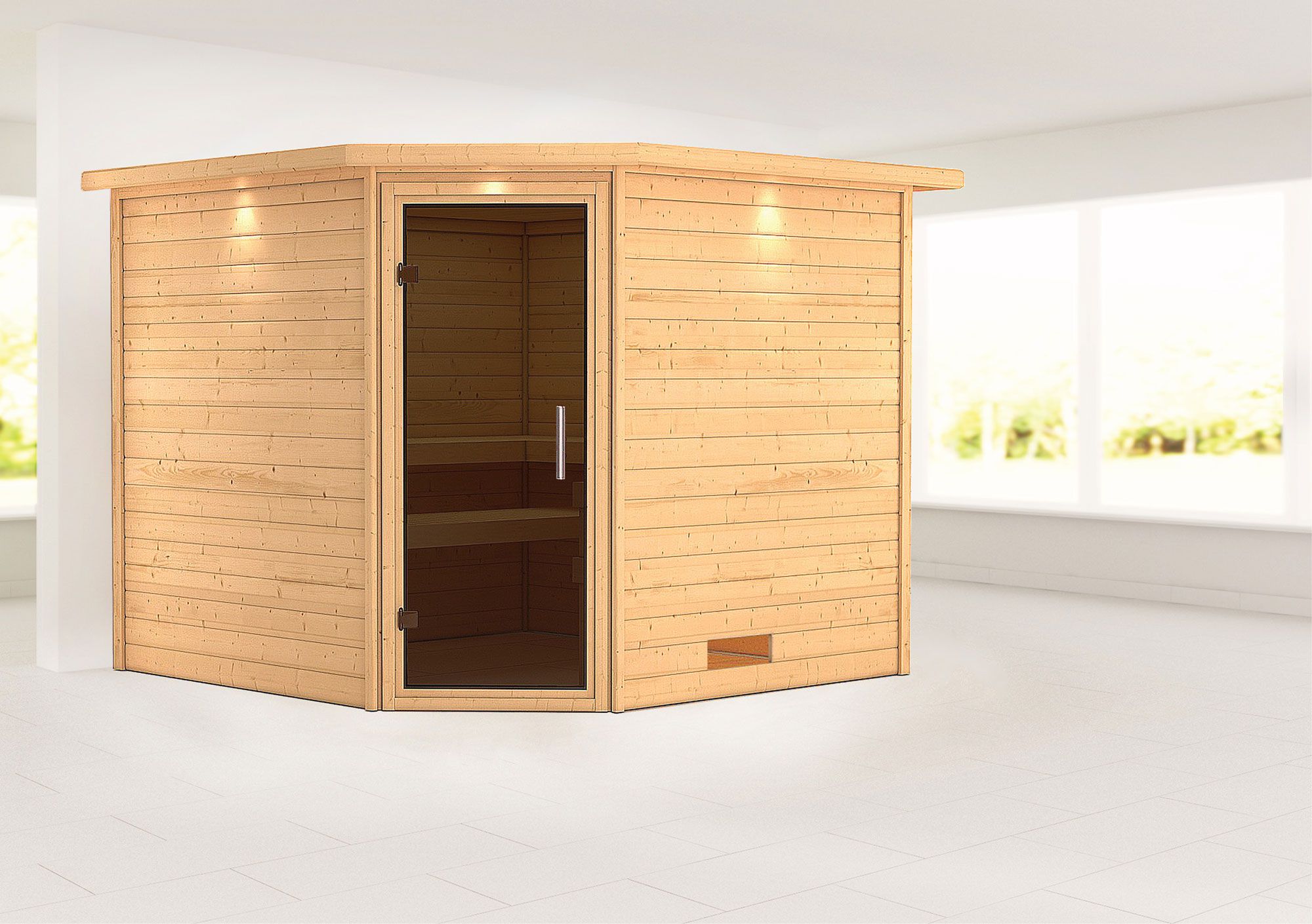 Sauna "Anesa" mit Kranz und graphitfarbener Tür - Farbe: Natur - 259 x 245 x 202 cm (B x T x H)