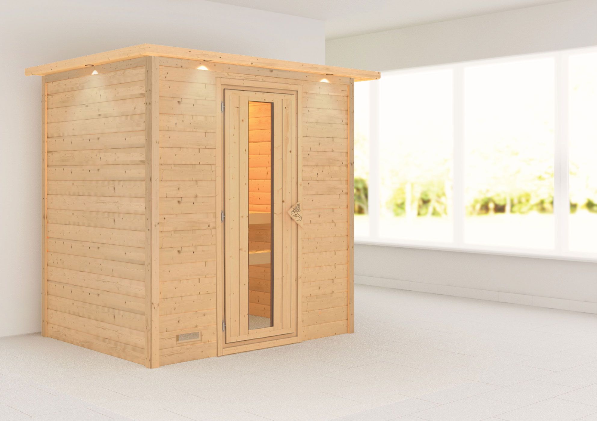 Sauna "Holmger" mit Energiespartür und Kranz - Farbe: Natur - 224 x 160 x 202 cm (B x T x H)