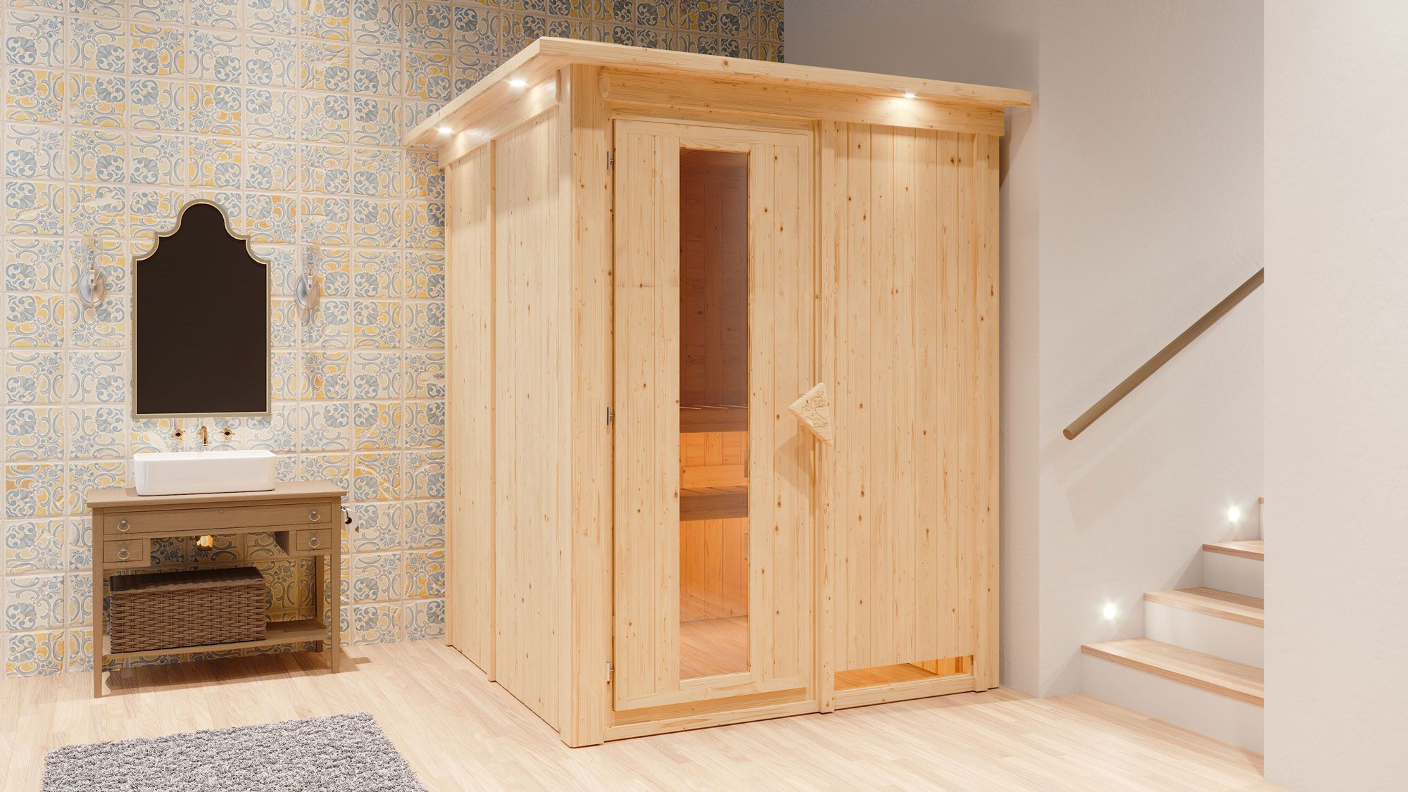 Sauna "Niilo" SET mit Energiespartür und Kranz - Farbe: Natur, Ofen 9 kW - 165 x 165 x 202 cm (B x T x H)