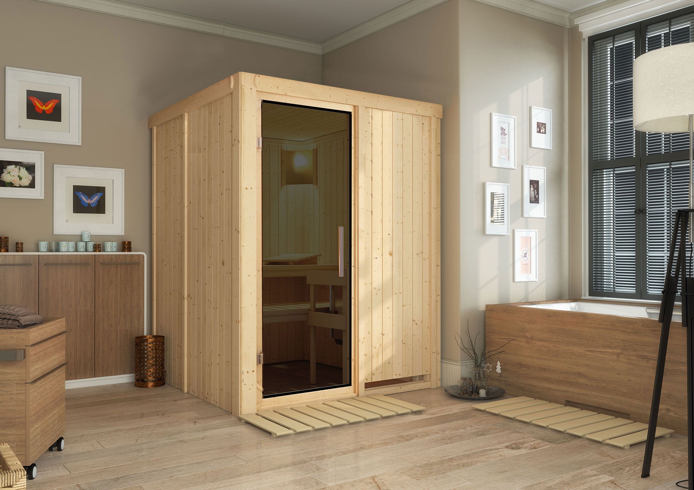 Sauna "Niilo" mit graphitfarbener Tür - Farbe: Natur - 151 x 151 x 198 cm (B x T x H)