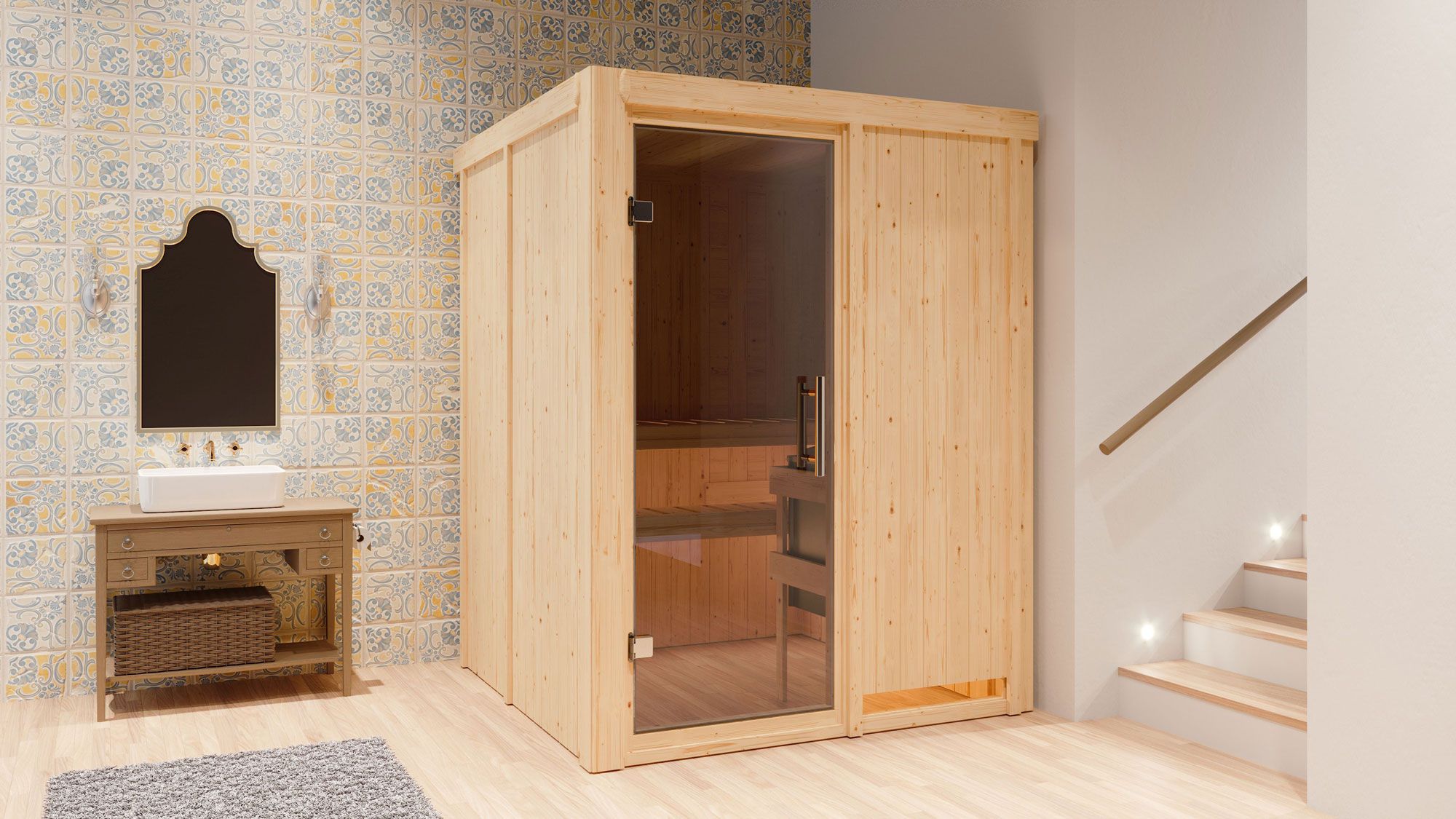 Sauna "Niilo" SET mit graphitfarbener Tür - Farbe: Natur, Ofen BIO 9 kW - 151 x 151 x 198 cm (B x T x H)