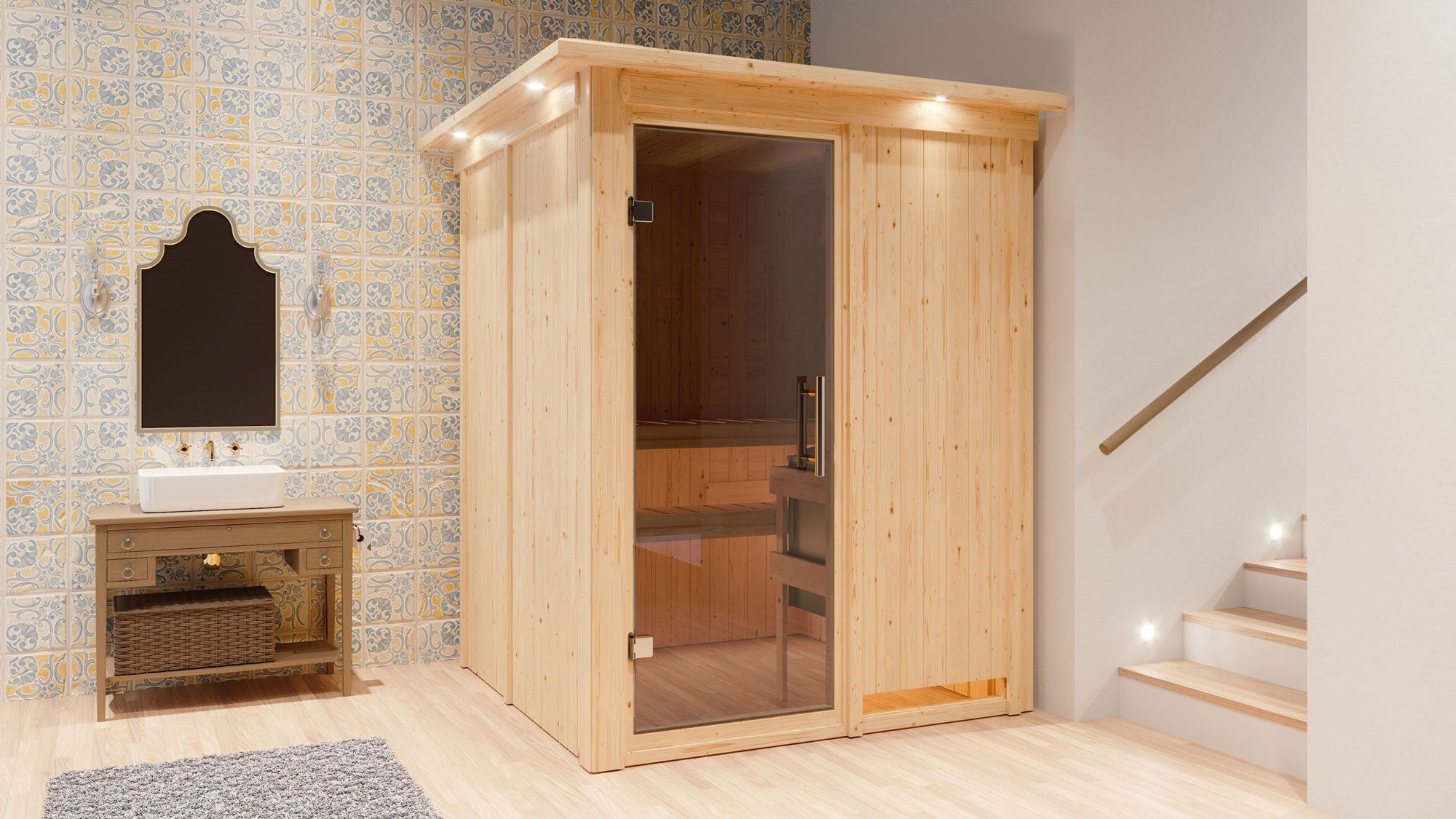 Sauna "Niilo" SET mit graphitfarbener Tür und Kranz - Farbe: Natur, Ofen BIO 9 kW - 165 x 165 x 202 cm (B x T x H)