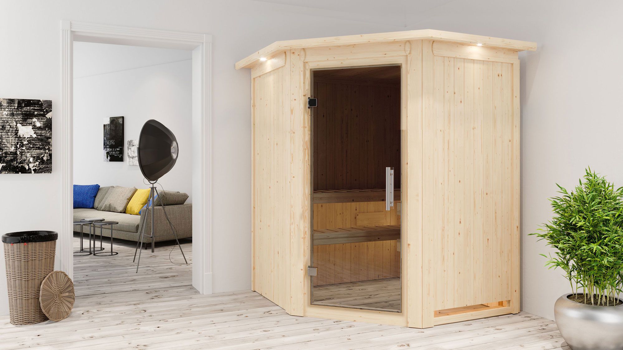 Sauna "Eetu" SET mit graphitfarbener Tür und Kranz - Farbe: Natur, Ofen externe Steuerung easy 9 kW - 165 x 165 x 202 cm (B x T x H)