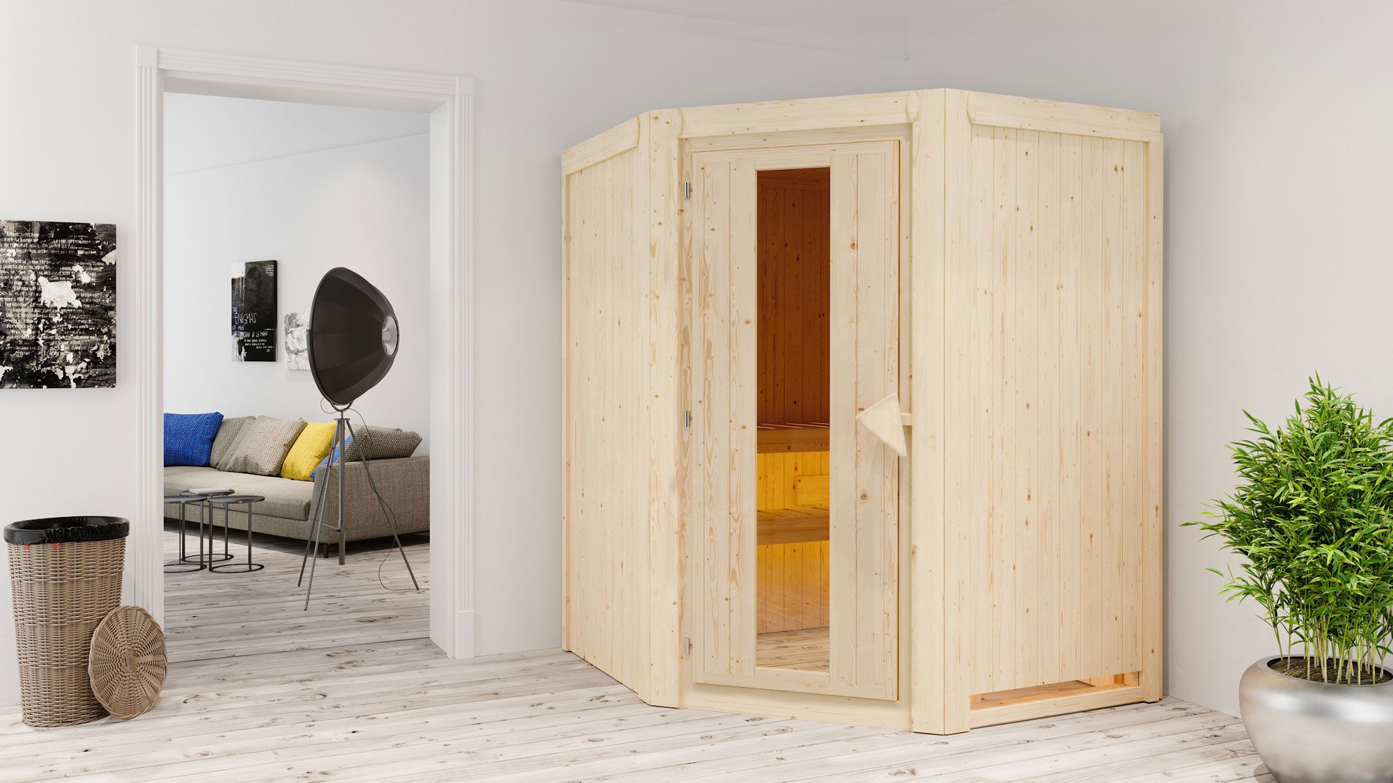 Sauna "Eetu" SET mit Energiespartür - Farbe: Natur, Ofen externe Steuerung easy 9 kW - 151 x 151 x 198 cm (B x T x H)