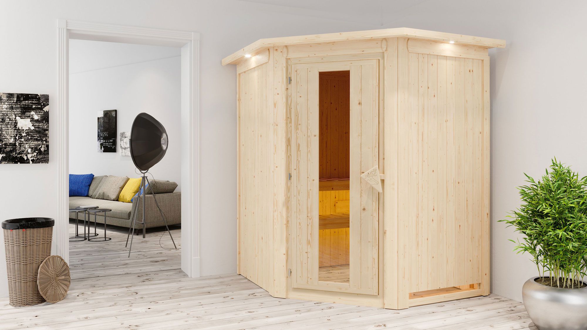 Sauna "Eetu" SET mit Energiespartür und Kranz - Farbe: Natur, Ofen externe Steuerung easy 9 kW - 165 x 165 x 202 cm (B x T x H)