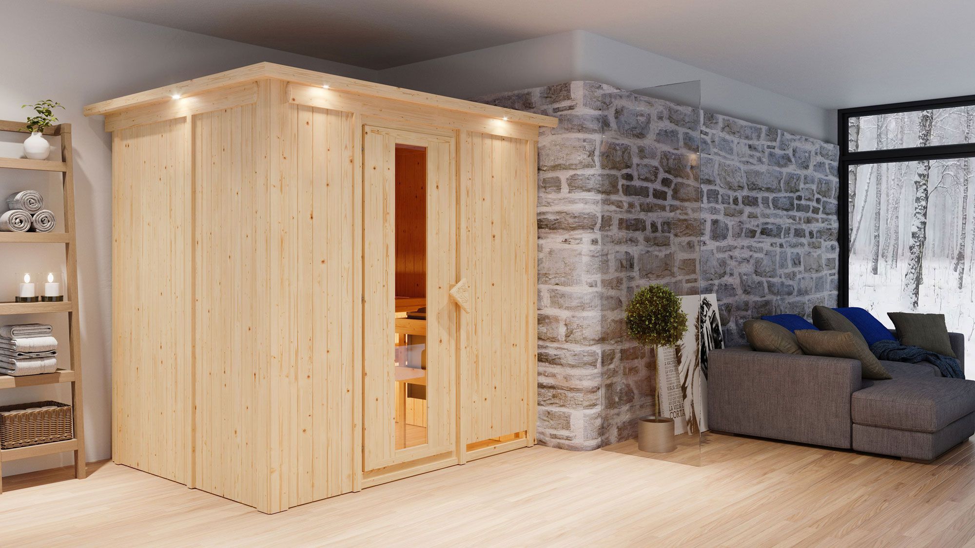 Sauna "Veli" SET mit Energiespartür und Kranz - Farbe: Natur, Ofen externe Steuerung easy 9 kW - 210 x 165 x 202 cm (B x T x H)