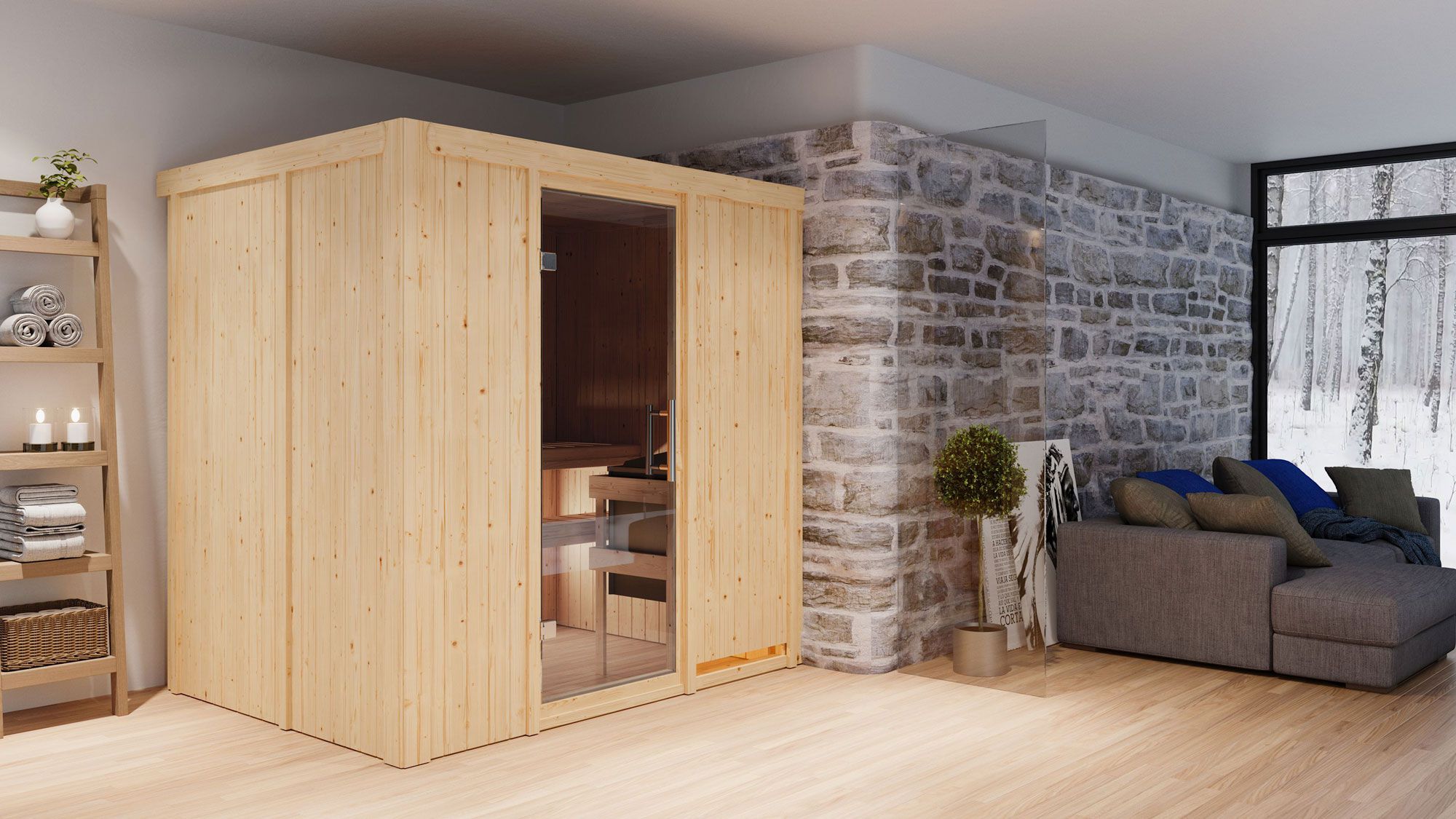 Sauna "Veli" SET mit graphitfarbener Tür - Farbe: Natur, Ofen externe Steuerung easy 9 kW - 196 x 151 x 198 cm (B x T x H)