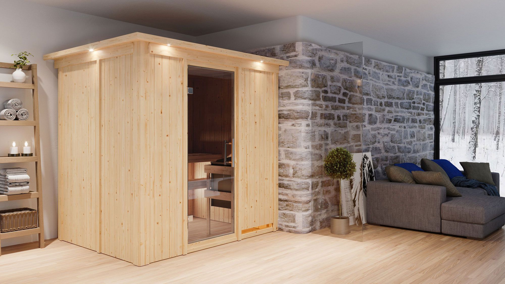Sauna "Veli" SET mit graphitfarbener Tür und Kranz - Farbe: Natur, Ofen 9 kW - 210 x 165 x 202 cm (B x T x H)