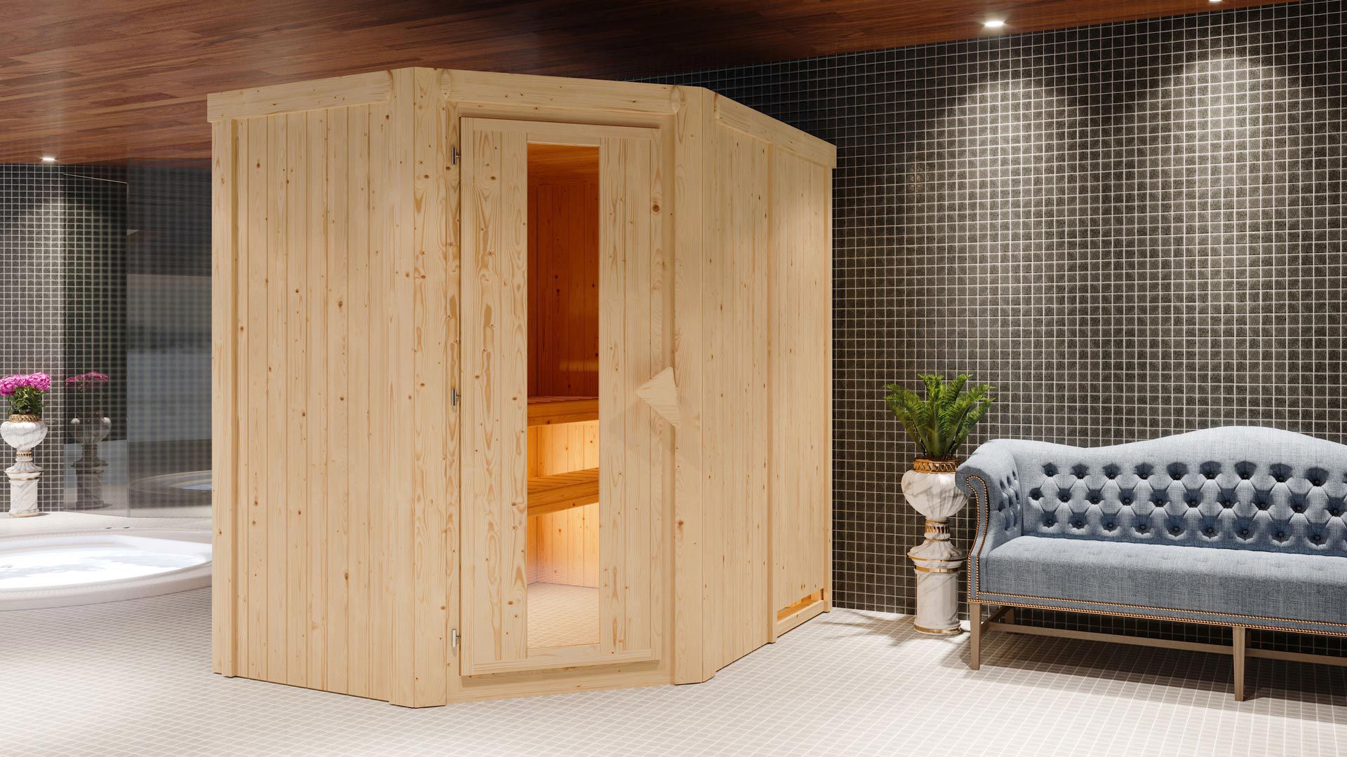 Sauna "Mika" mit Energiespartür - Farbe: Natur - 151 x 196 x 198 cm (B x T x H)