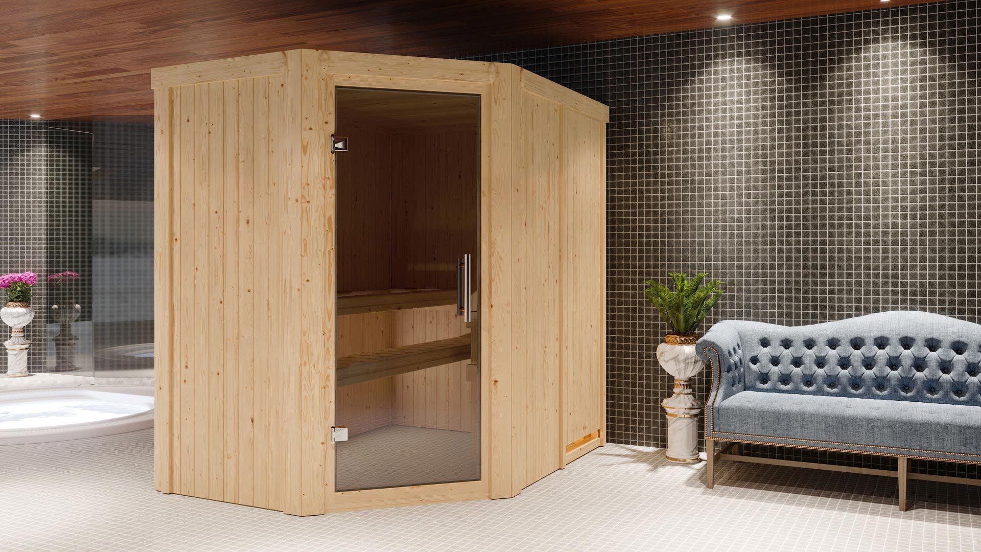 Sauna "Mika" SET mit graphitfarbener Tür - Farbe: Natur, Ofen 9 kW - 151 x 196 x 198 cm (B x T x H)