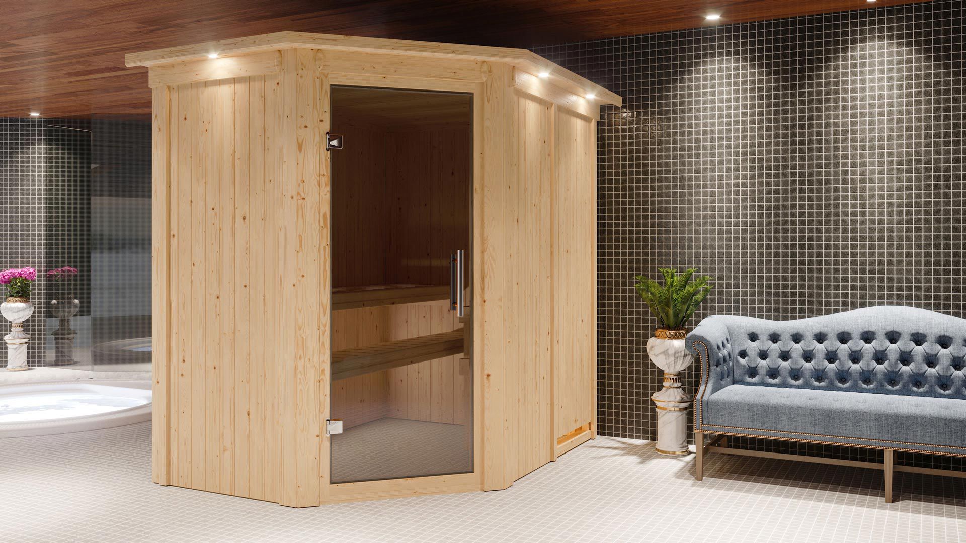 Sauna "Mika" SET mit graphitfarbener Tür und Kranz - Farbe: Natur, Ofen 9 kW - 165 x 210 x 202 cm (B x T x H)