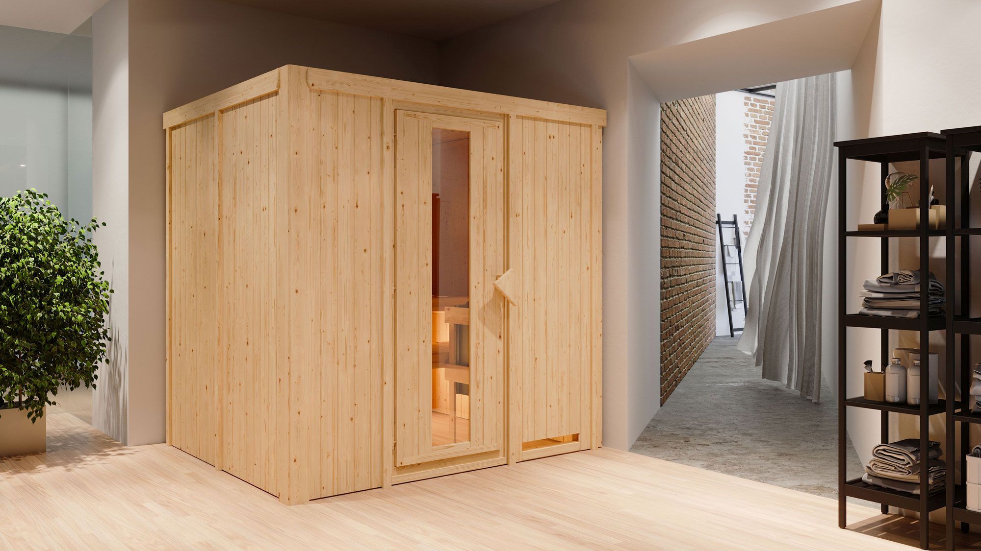 Sauna "Eemil" SET mit Energiespartür - Farbe: Natur, Ofen externe Steuerung easy 9 kW - 196 x 170 x 198 cm (B x T x H)