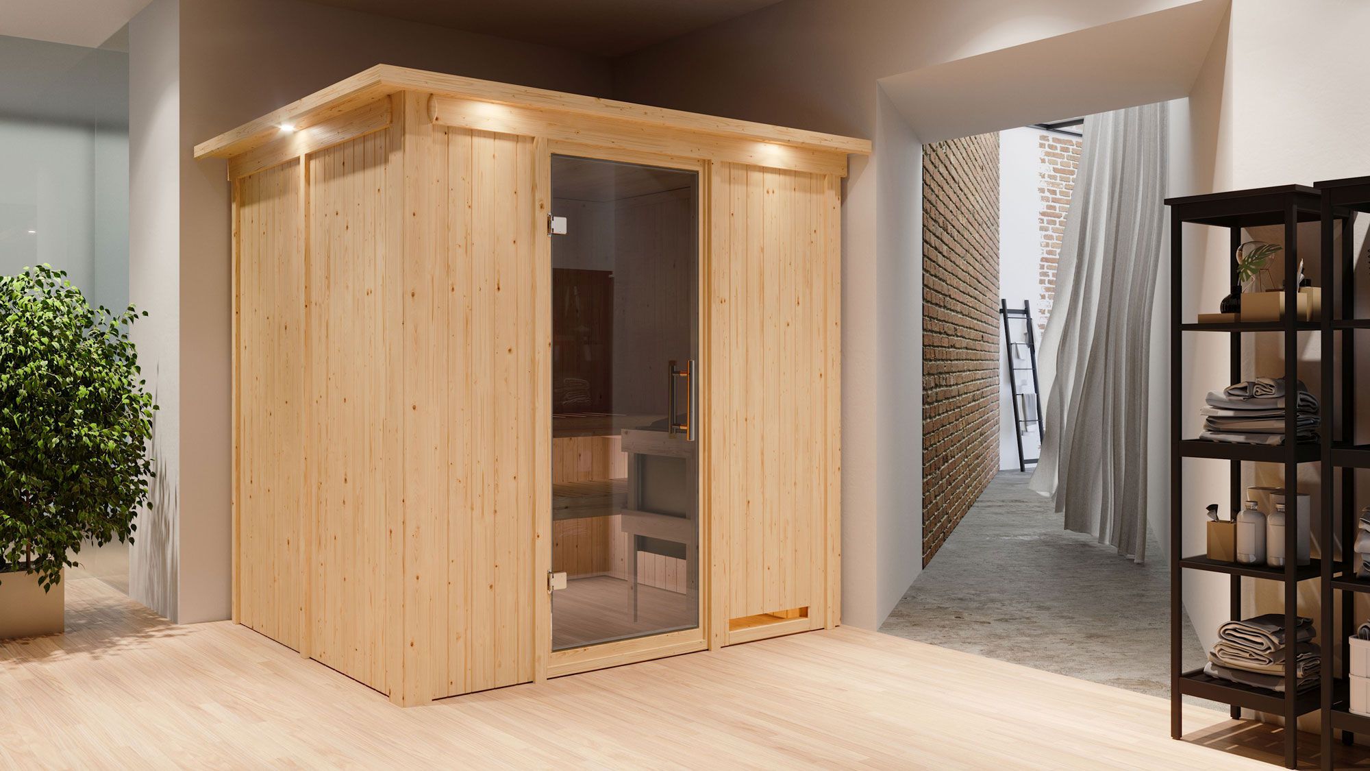 Sauna "Eemil" SET mit graphitfarbener Tür und Kranz - Farbe: Natur, Ofen externe Steuerung easy 9 kW - 210 x 184 x 202 cm (B x T x H)