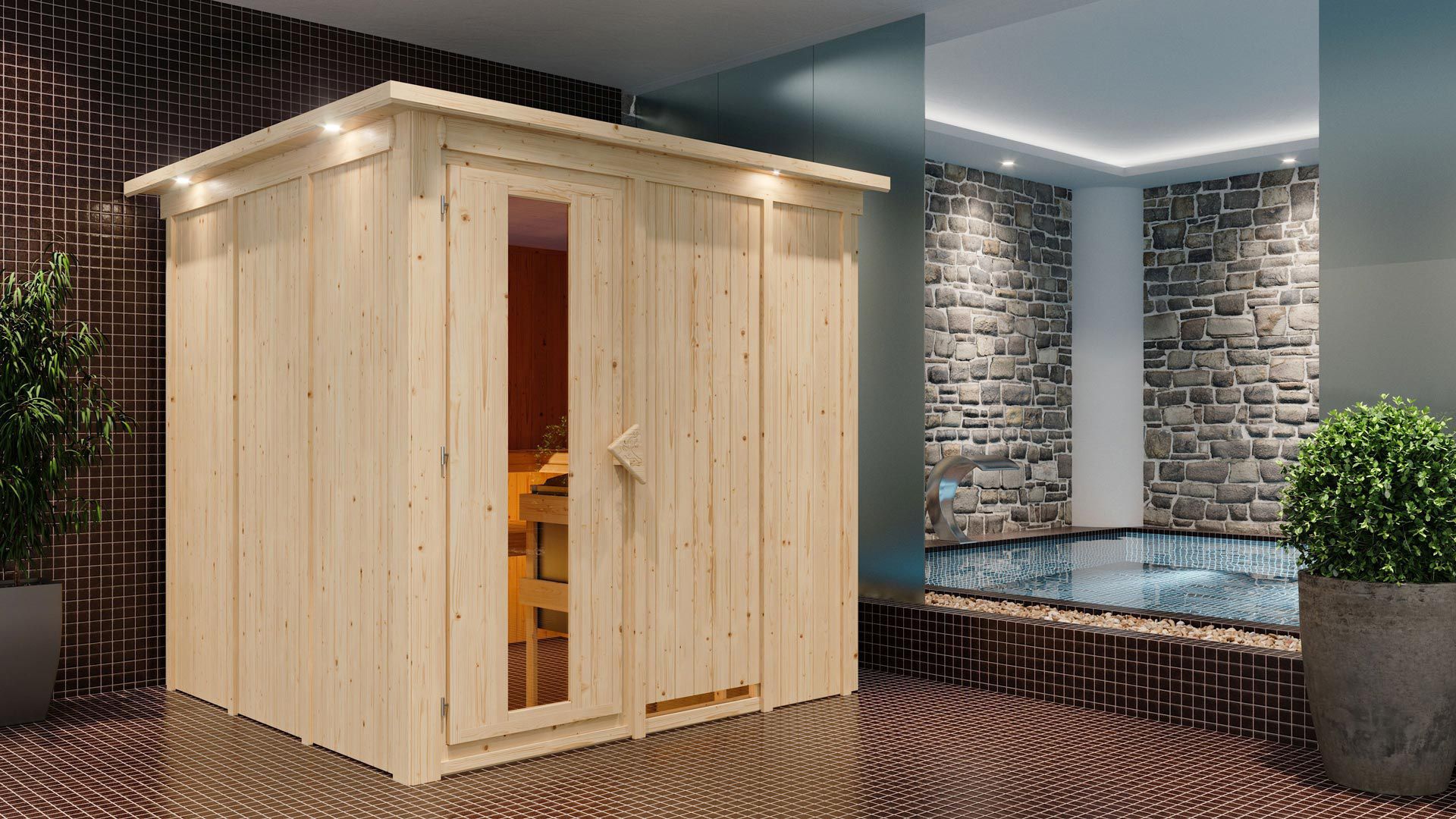 Sauna "Aleksi" SET mit Energiespartür und Kranz - Farbe: Natur, Ofen BIO 9 kW - 210 x 210 x 202 cm (B x T x H)