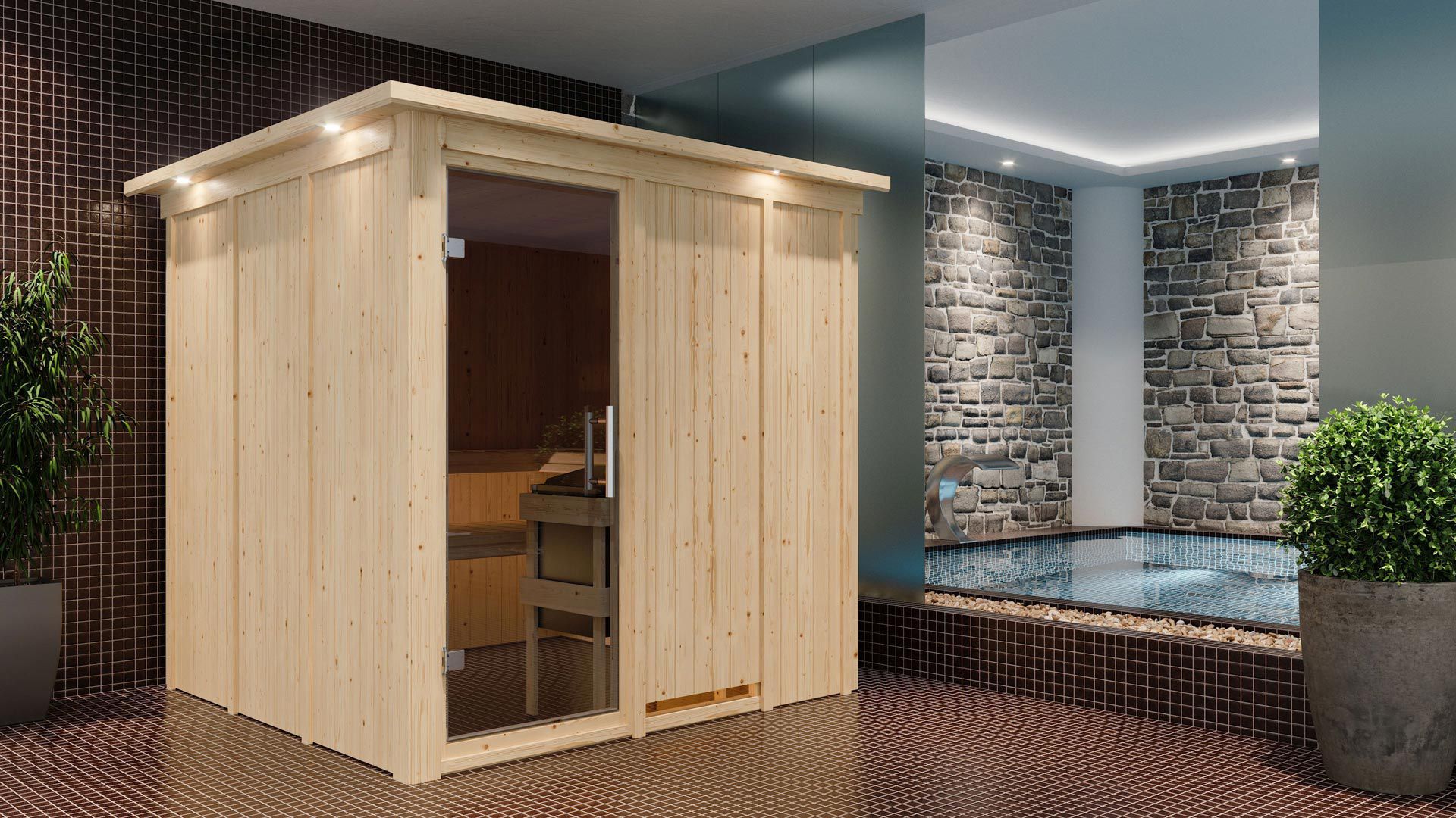 Sauna "Aleksi" SET mit graphitfarbener Tür und Kranz - Farbe: Natur, Ofen 9 kW - 210 x 210 x 202 cm (B x T x H)