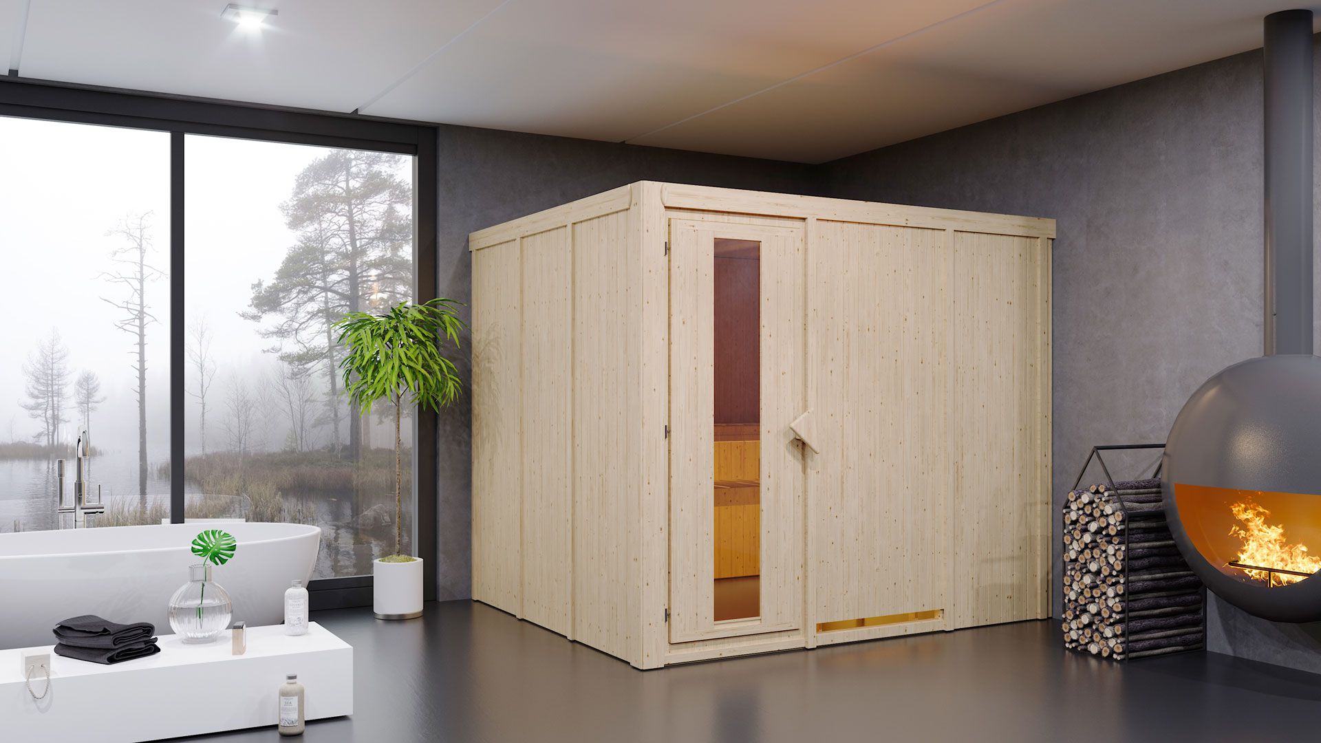 Sauna "Toivo" SET mit Energiespartür - Farbe: Natur, Ofen 9 kW - 231 x 196 x 198 cm (B x T x H)