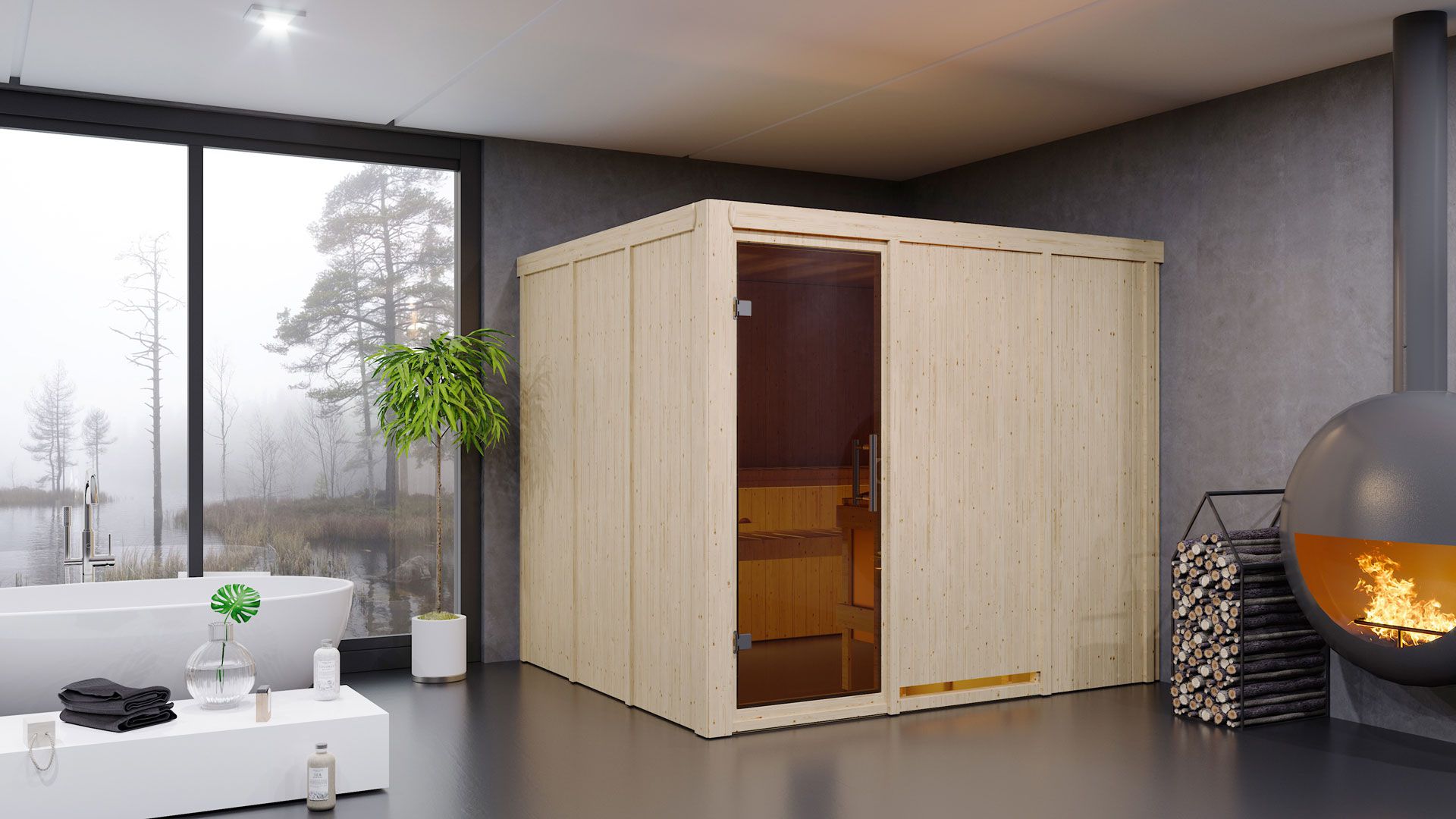 Sauna "Toivo" SET mit graphitfarbener Tür - Farbe: Natur, Ofen externe Steuerung easy 9 kW - 231 x 196 x 198 cm (B x T x H)