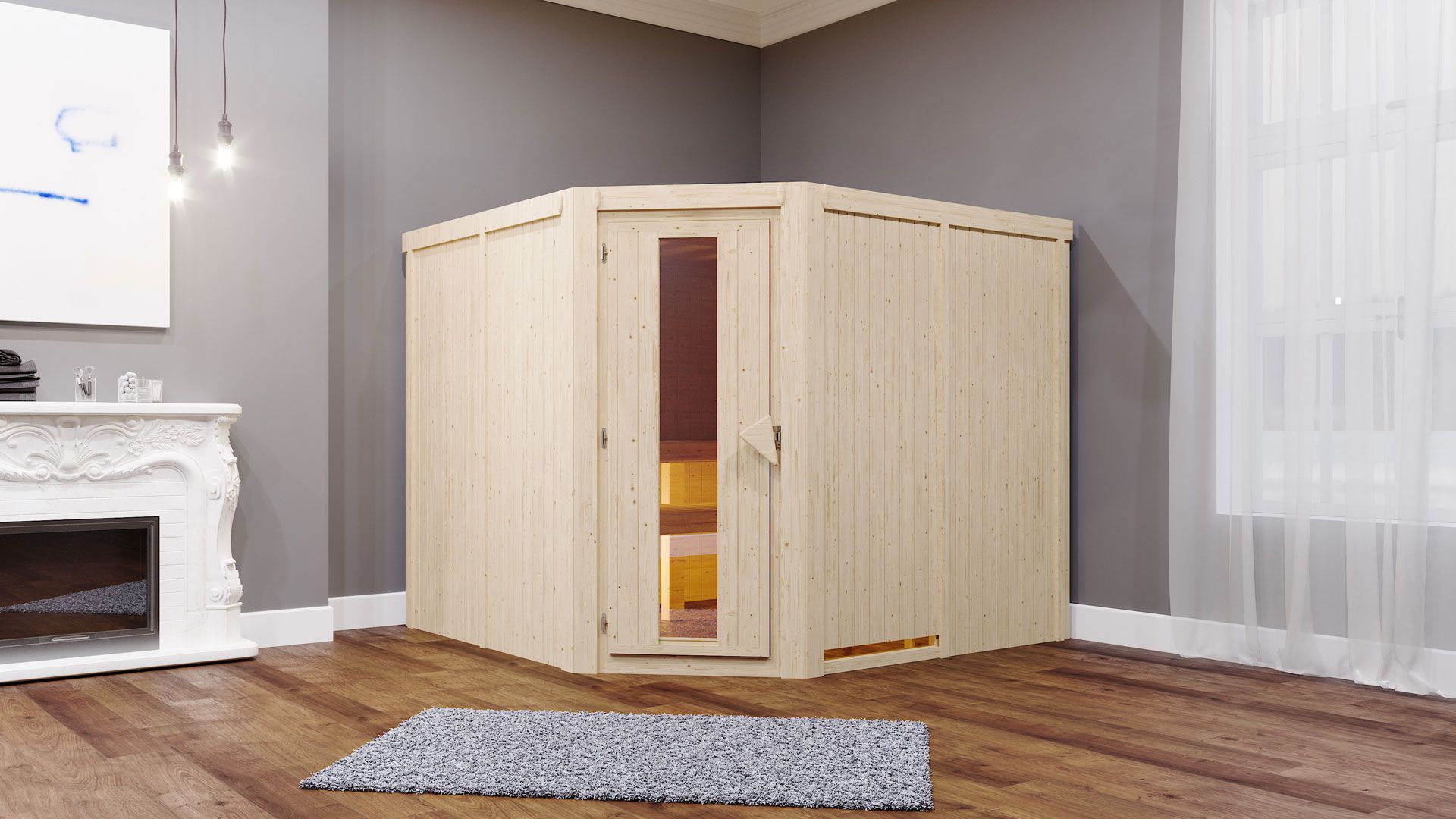 Sauna "Samu" SET mit Energiespartür - Farbe: Natur, Ofen externe Steuerung easy 9 kW - 231 x 196 x 198 cm (B x T x H)