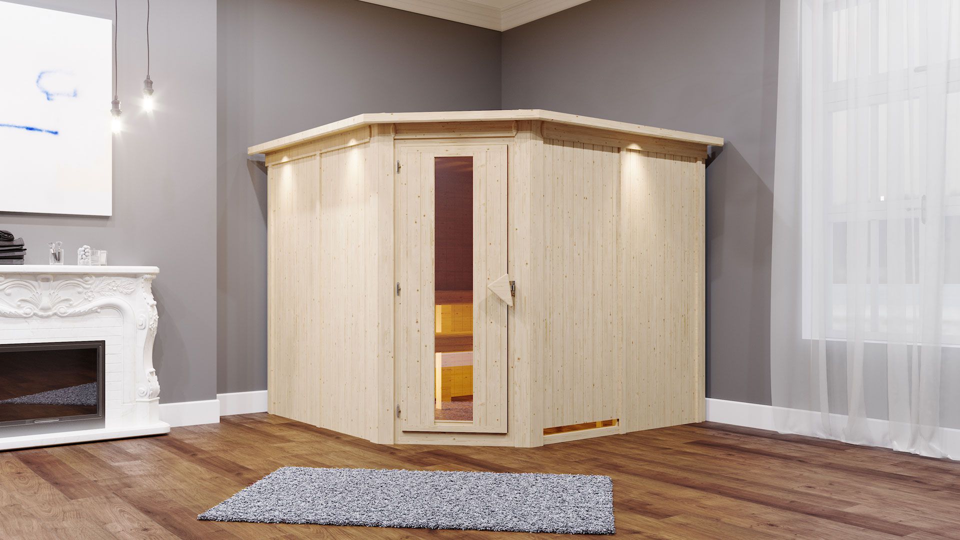 Sauna "Samu" SET mit Energiespartür Tür und Kranz  - Farbe: Natur, Ofen 9 kW - 245 x 210 x 202 cm (B x T x H)