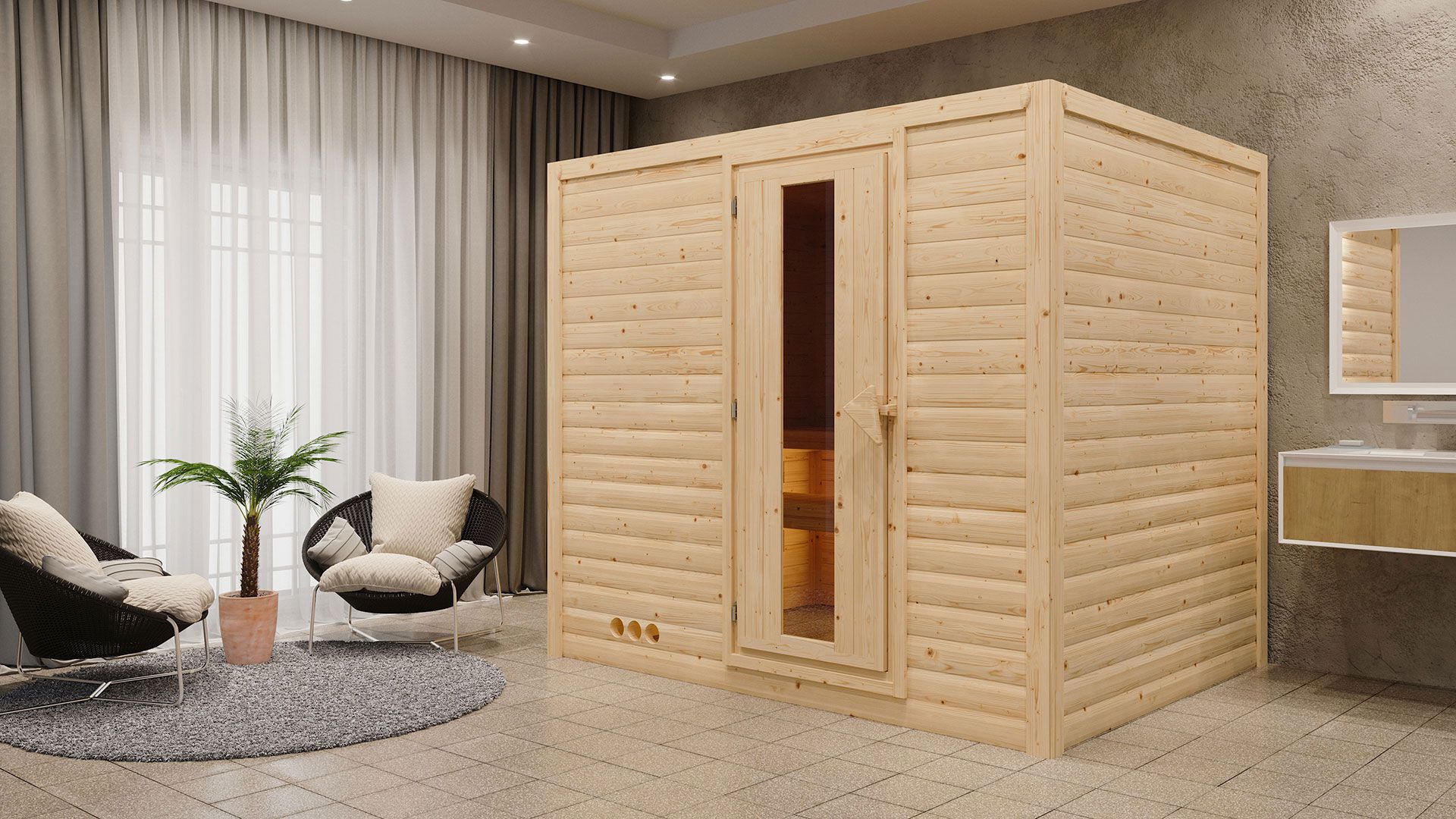 Sauna "Leja" SET mit Energiespartür - Farbe: Natur, Ofen BIO 9 kW - 231 x 196 x 200 cm (B x T x H)