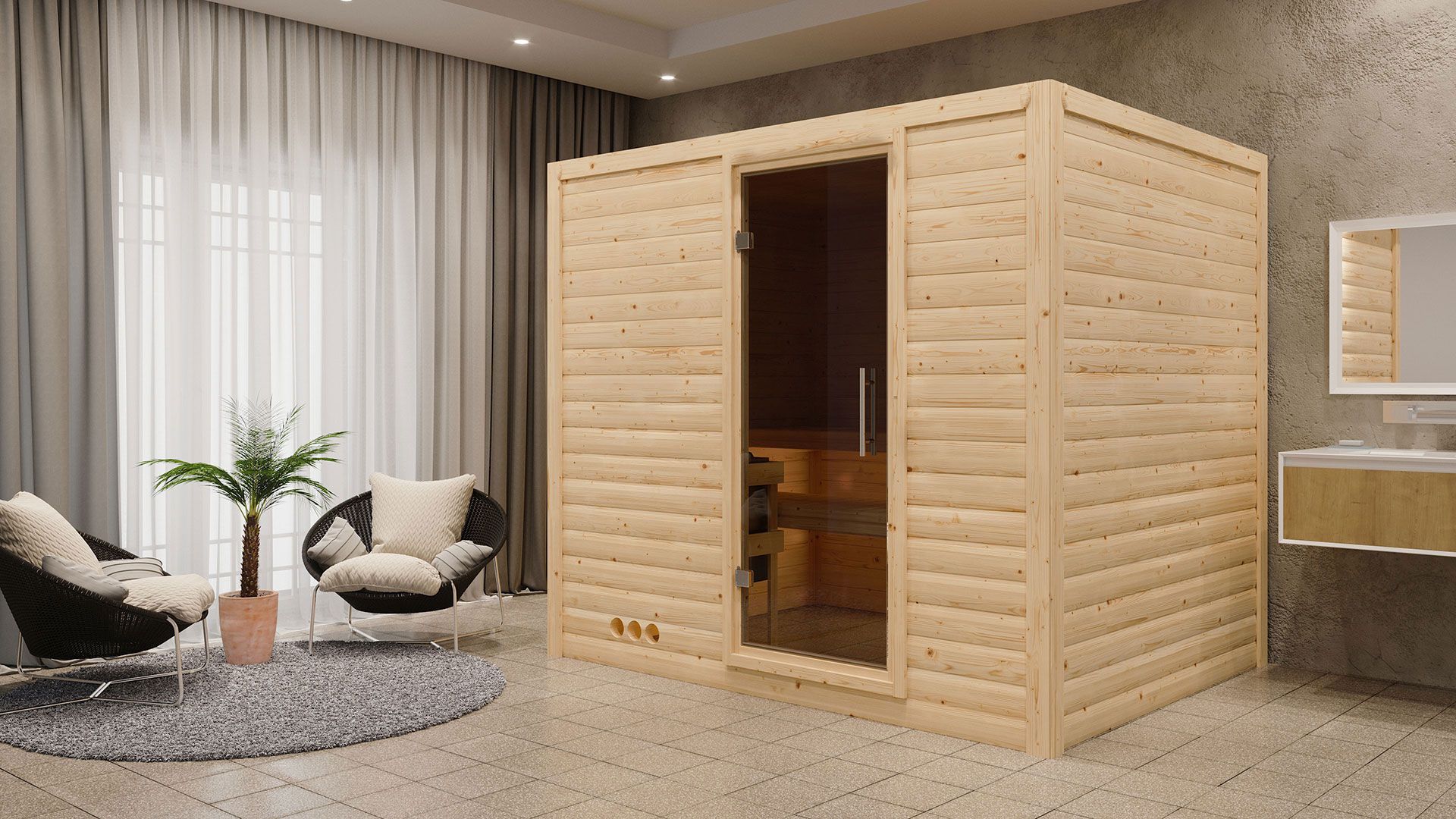 Sauna "Leja" SET mit graphitfarbener Tür - Farbe: Natur, Ofen externe Steuerung easy 9 kW - 231 x 196 x 200 cm (B x T x H)