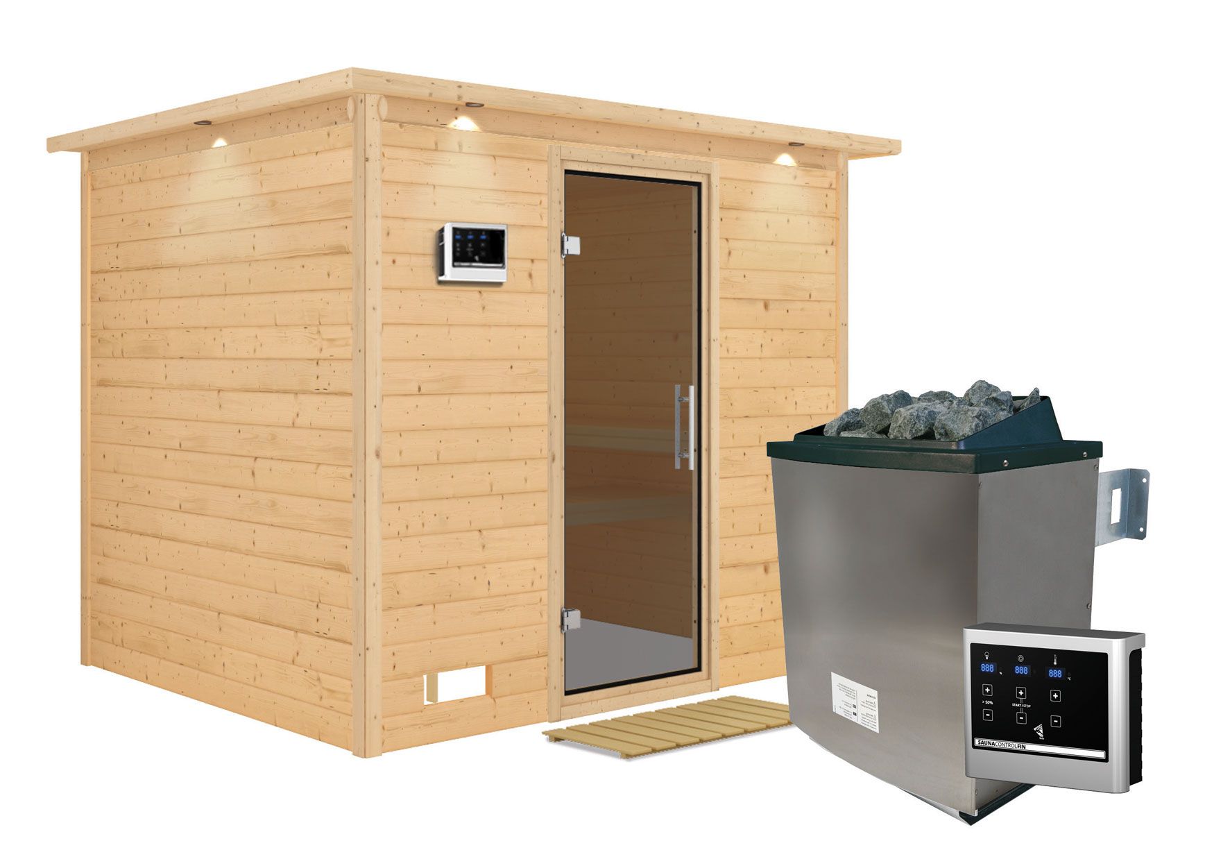 Sauna "Leja" SET mit graphitfarbener Tür und Kranz - Farbe: Natur, Ofen externe Steuerung easy 9 kW - 259 x 210 x 205 cm (B x T x H)