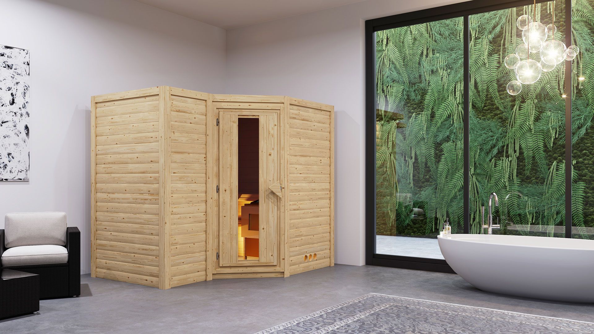 Sauna "Tjara 2" SET mit Energiespartür - Farbe: Natur, Ofen externe Steuerung easy 9 kW - 236 x 184 x 209 cm (B x T x H)