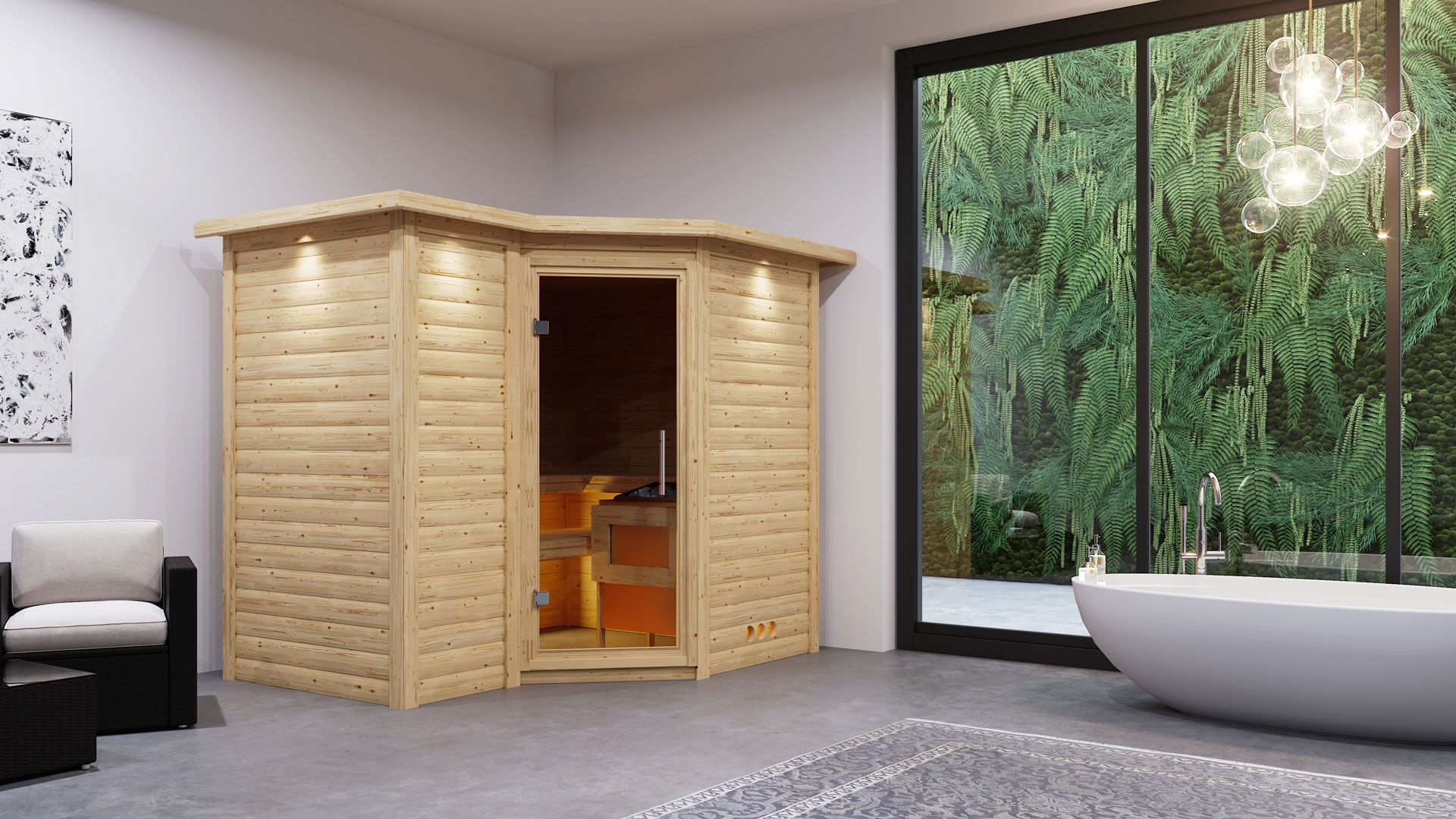 Sauna "Tjara 2" SET mit graphitfarbener Tür und Kranz - Farbe: Natur, Ofen 9kW - 264 x 198 x 212 cm (B x T x H)