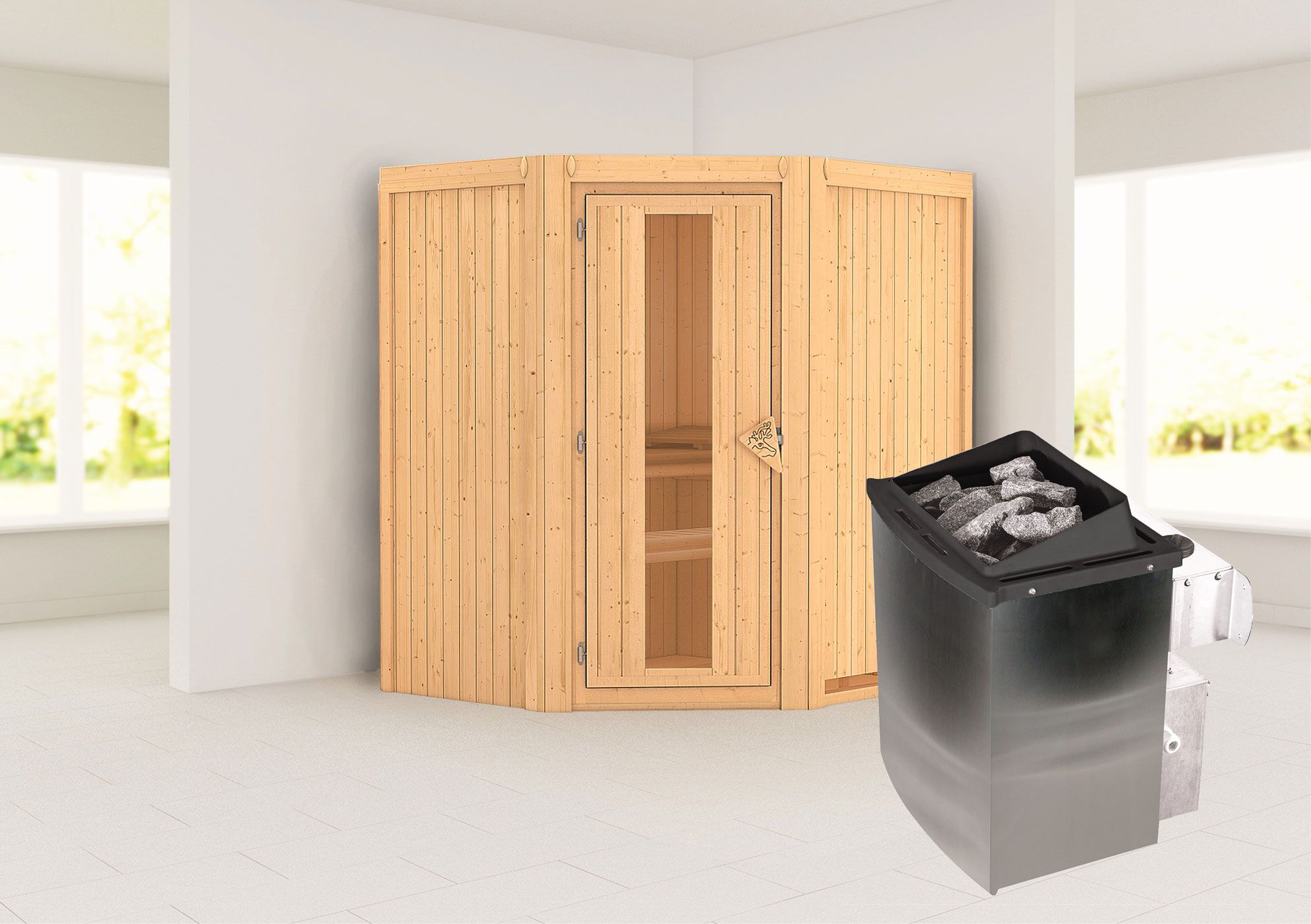 Sauna "Leevi" SET mit Energiespartür - Farbe: Natur, Ofen 9 kW - 170 x 151 x 198 cm (B x T x H)