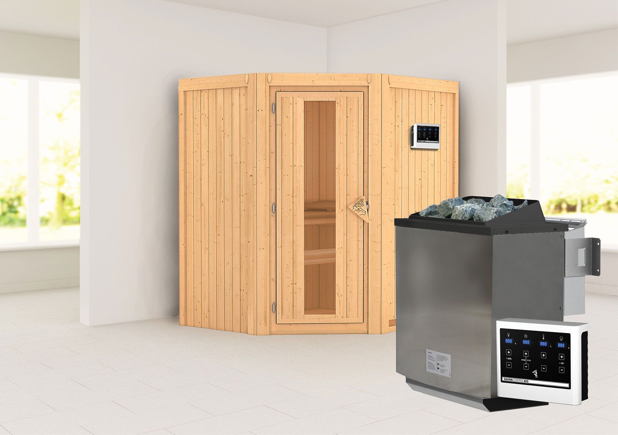 Sauna "Leevi" SET mit Energiespartür - Farbe: Natur, Ofen BIO 9 kW - 170 x 151 x 198 cm (B x T x H)