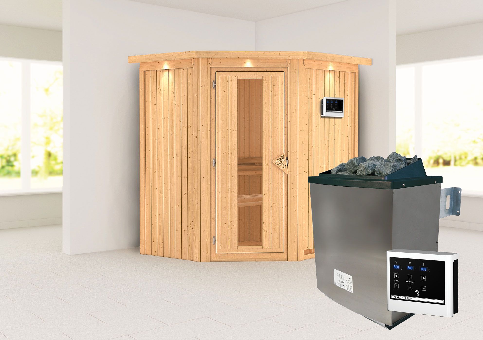Sauna "Leevi" SET mit Energiespartür und Kranz - Farbe: Natur, Ofen externe Steuerung easy 9 kW - 184 x 165 x 202 cm (B x T x H)