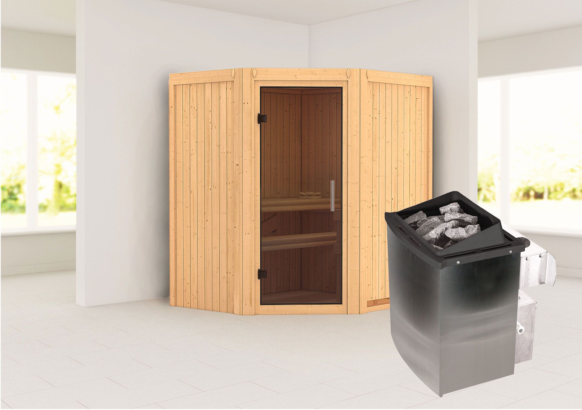 Sauna "Leevi" SET mit graphitfarbene Tür - Farbe: Natur, Ofen 9 kW - 170 x 151 x 198 cm (B x T x H)